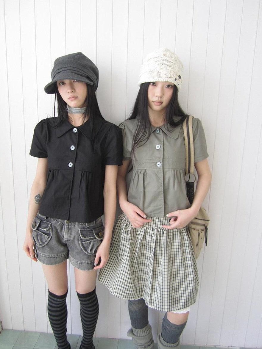 ang project Korean Pleated Three Button Collared Short Sleeve Cropped Women&