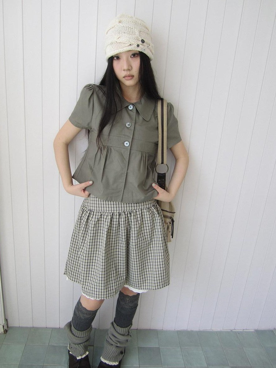 ang project Korean Pleated Three Button Collared Short Sleeve Cropped Women&