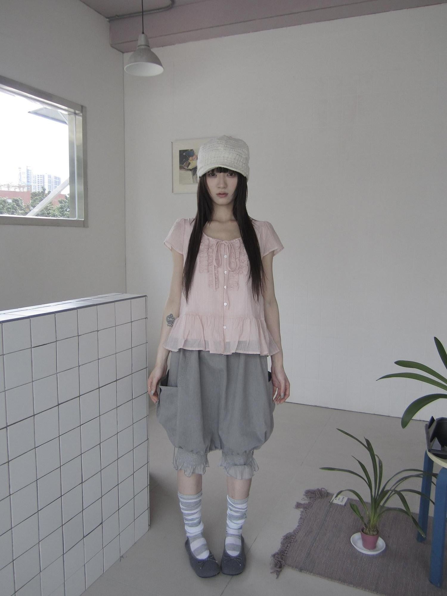 ang project Korean Retro Big Pocket Drawstring Elastic Waist Women&