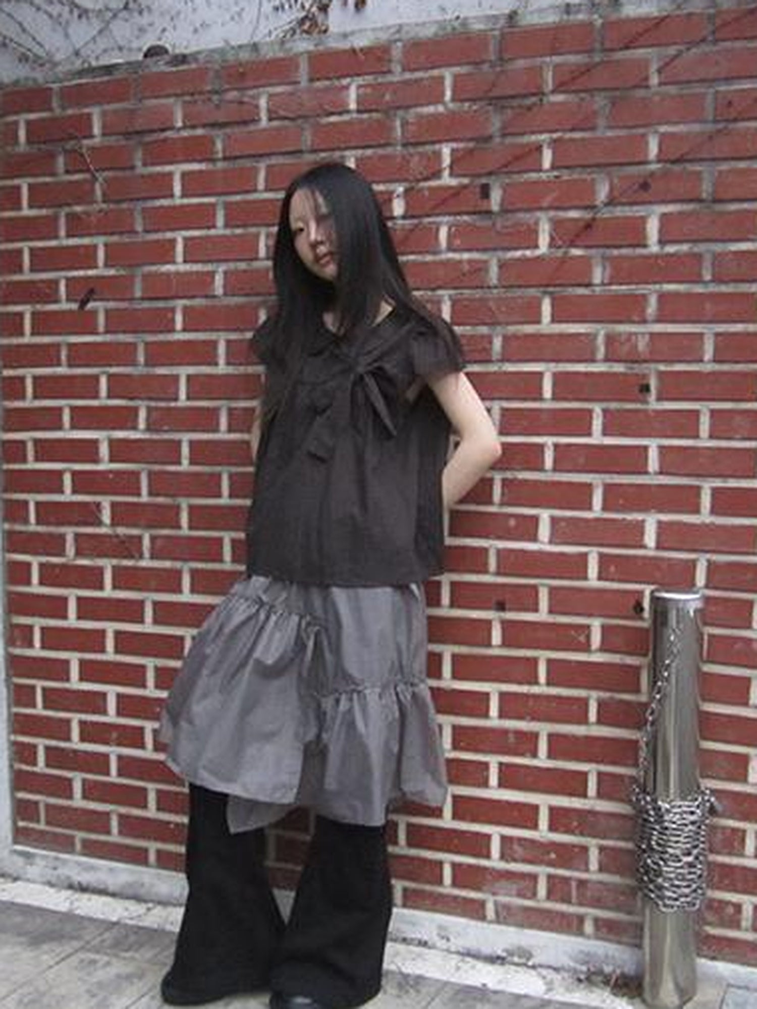 ang project Korean Retro Brown Check Bow Tie Short Sleeve Shirt