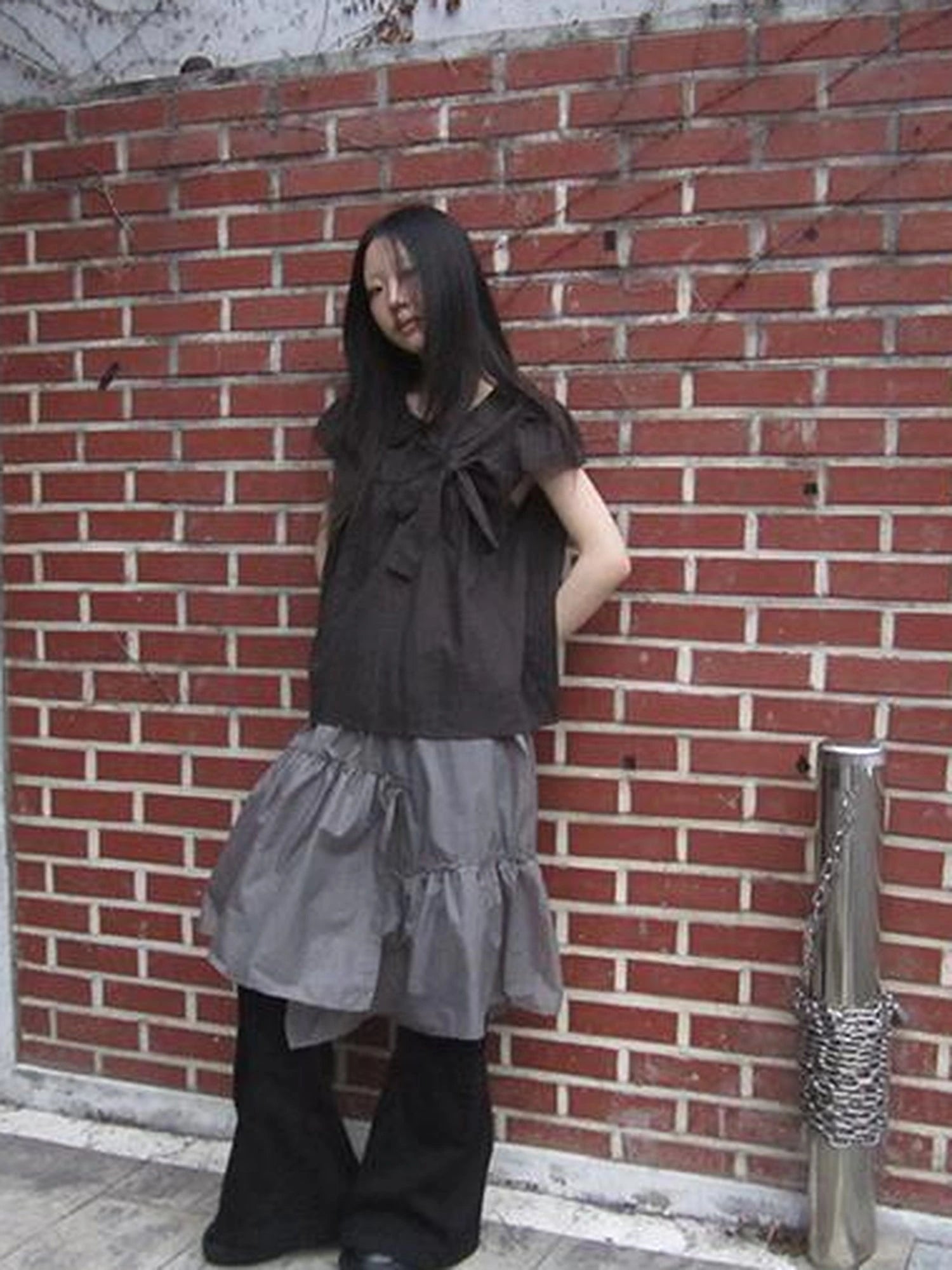 Korean Retro Brown Check Bow Tie Short Sleeve Shirt