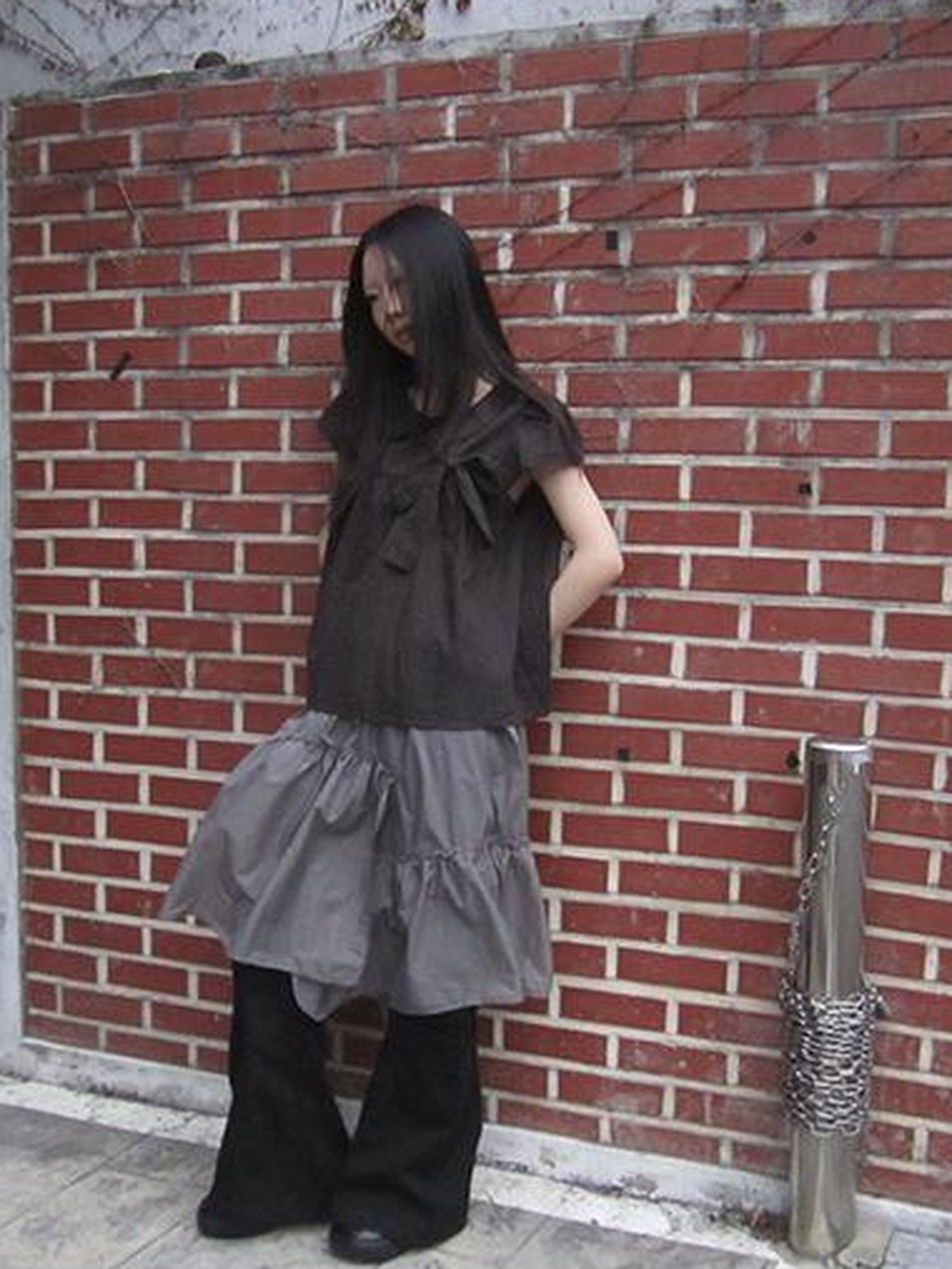 ang project Korean Retro Brown Check Bow Tie Short Sleeve Shirt