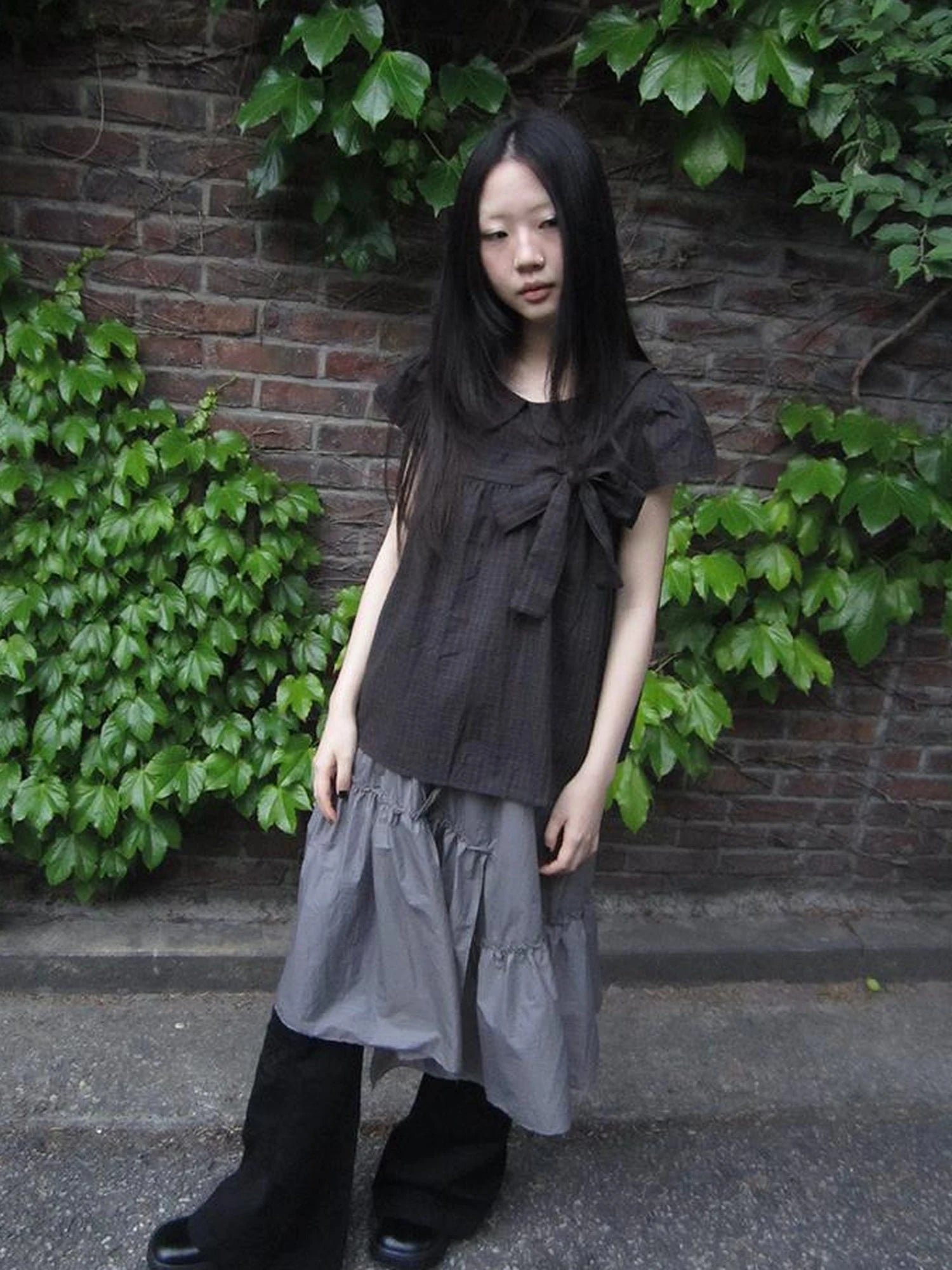 Korean Retro Brown Check Bow Tie Short Sleeve Shirt