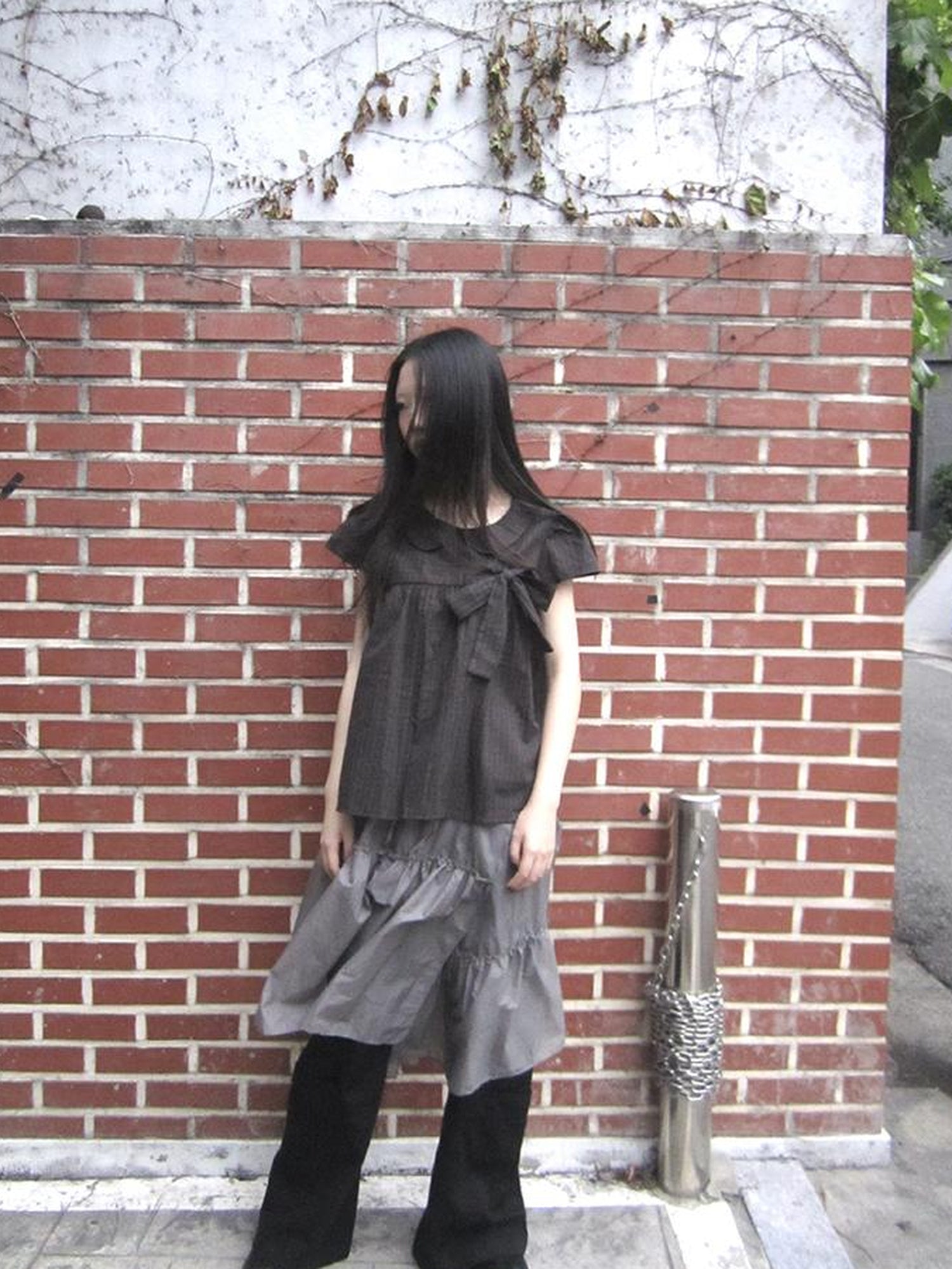 ang project Korean Retro Brown Check Bow Tie Short Sleeve Shirt