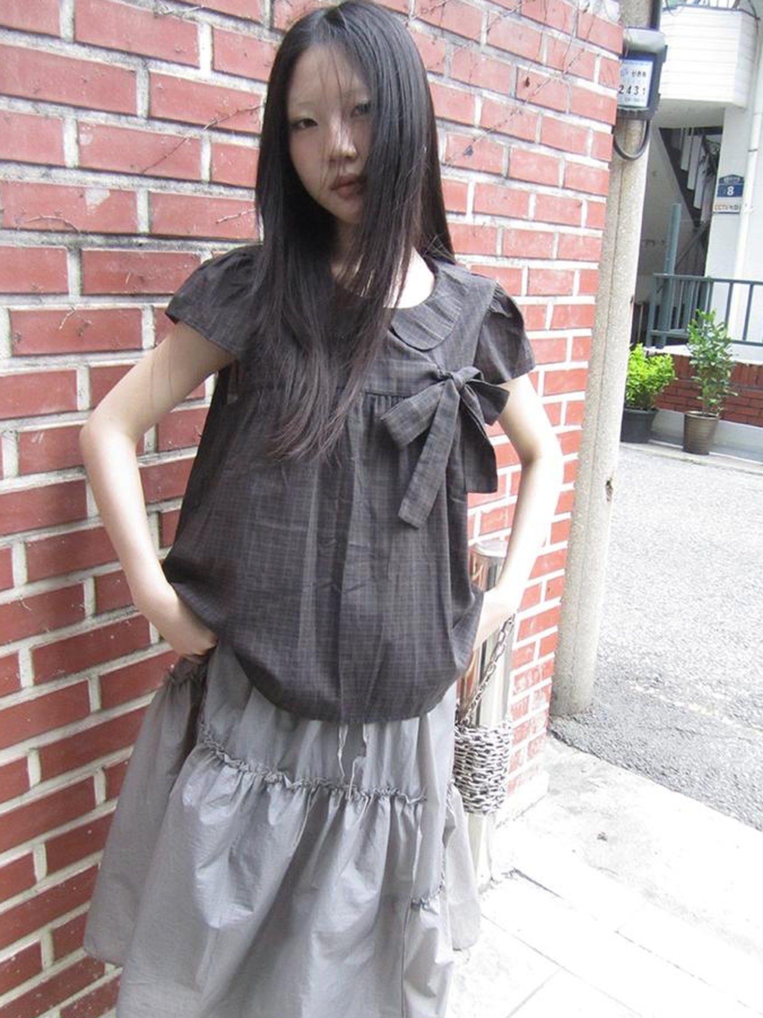 ang project Korean Retro Brown Check Bow Tie Short Sleeve Shirt