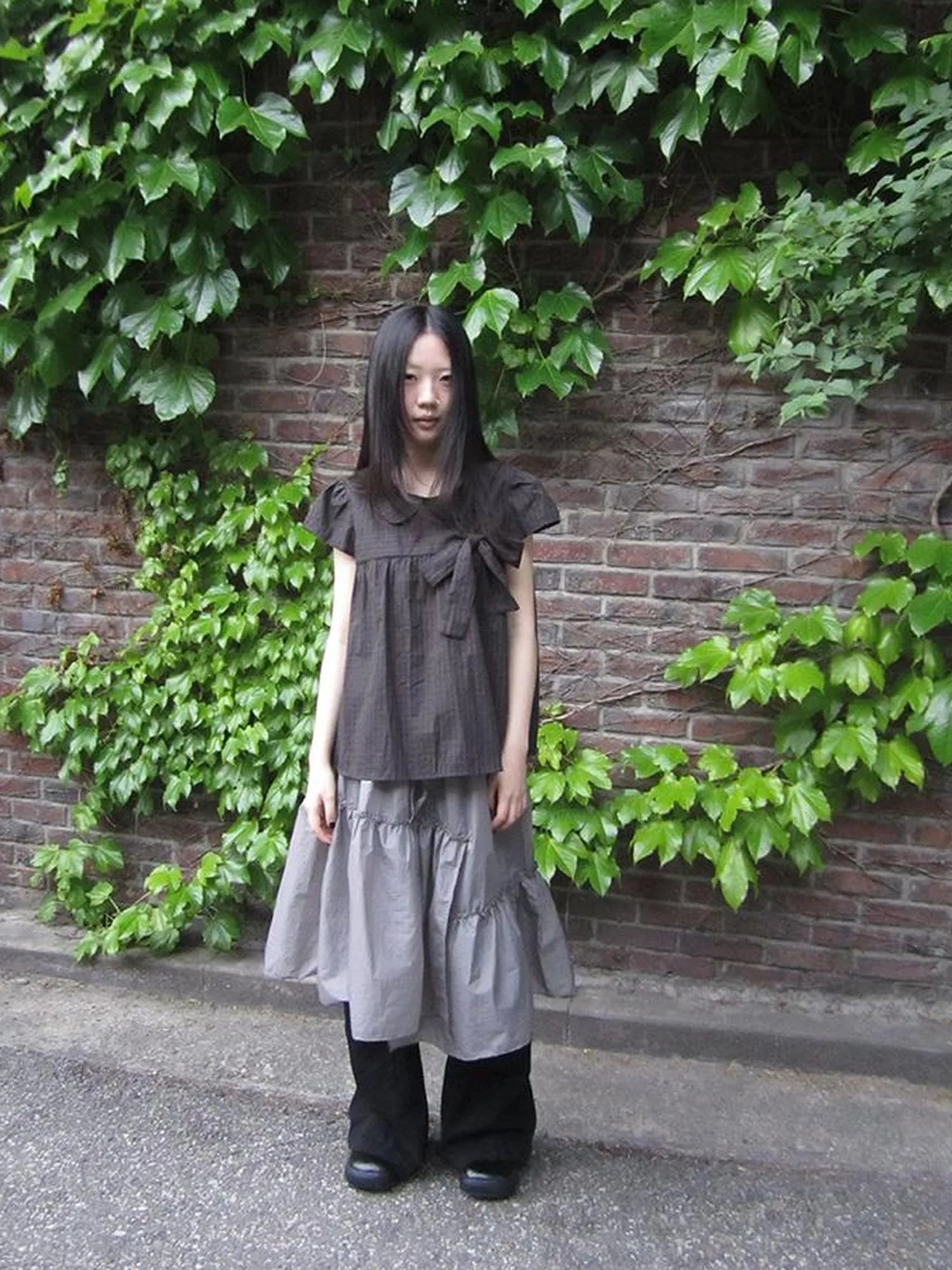 Korean Retro Brown Check Bow Tie Short Sleeve Shirt