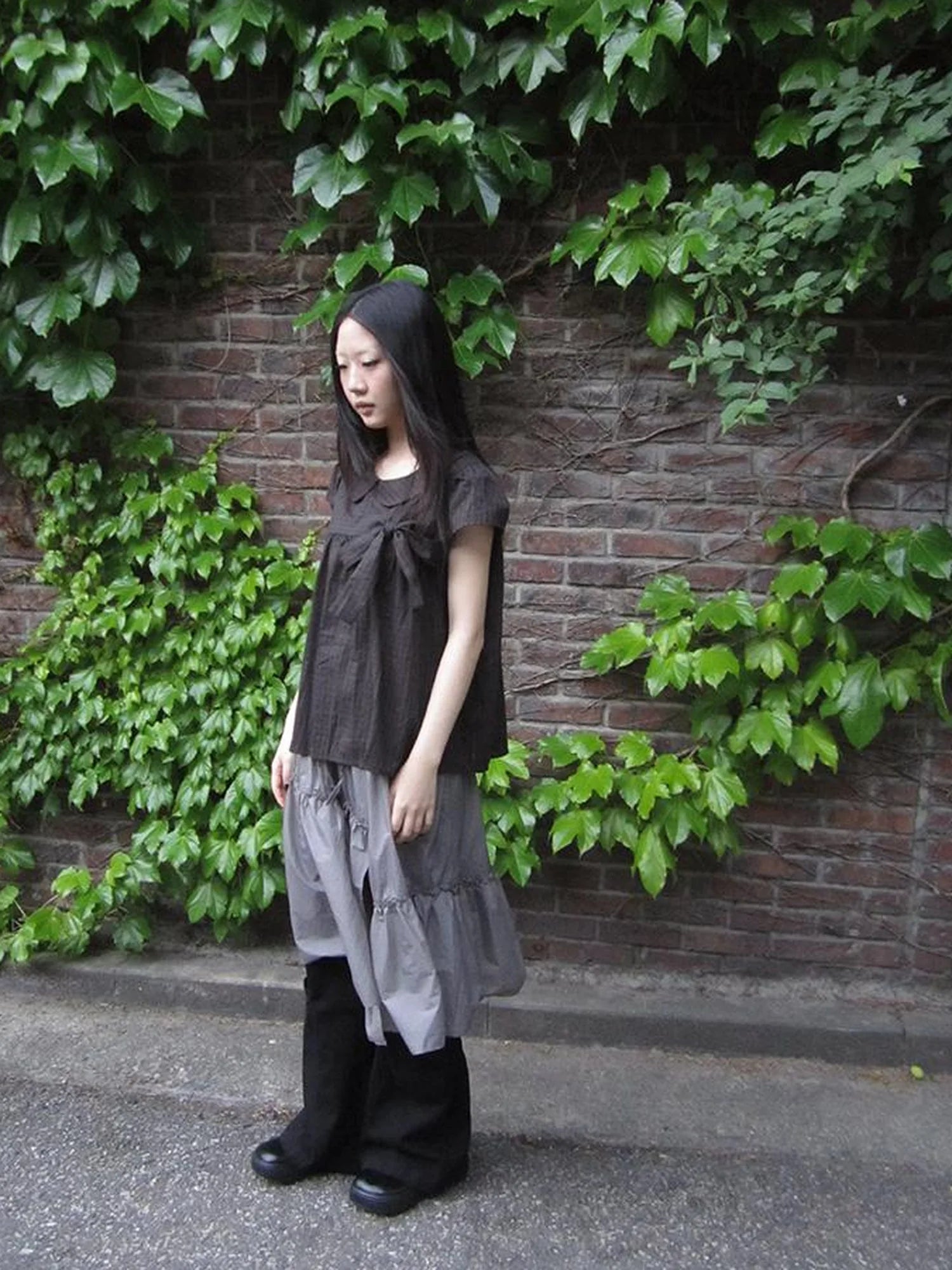 Korean Retro Brown Check Bow Tie Short Sleeve Shirt