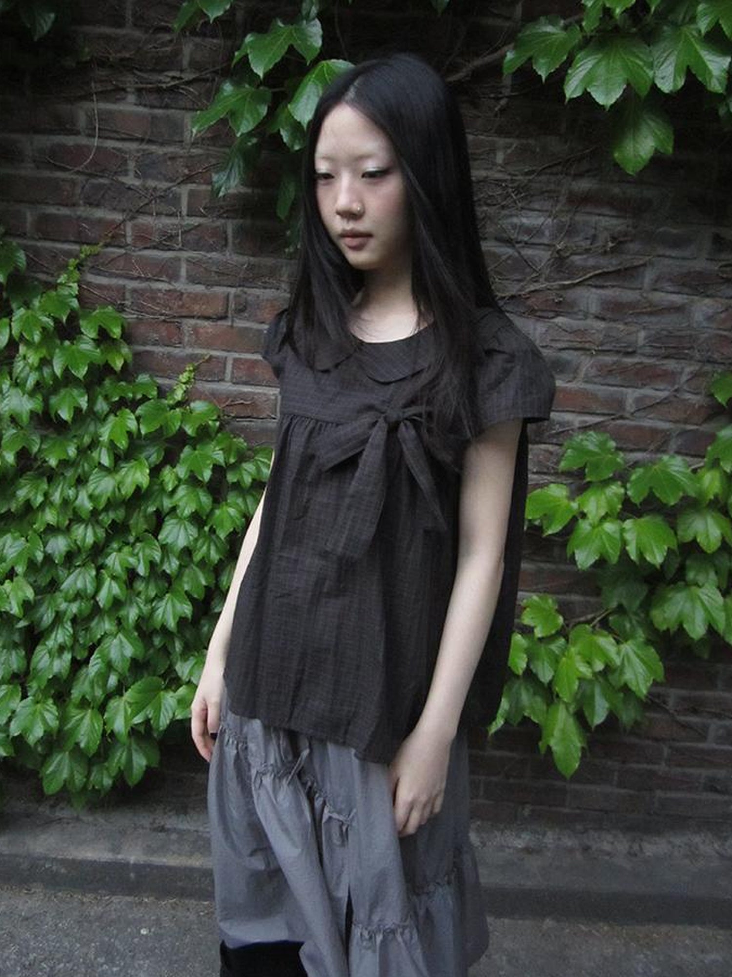 ang project Korean Retro Brown Check Bow Tie Short Sleeve Shirt