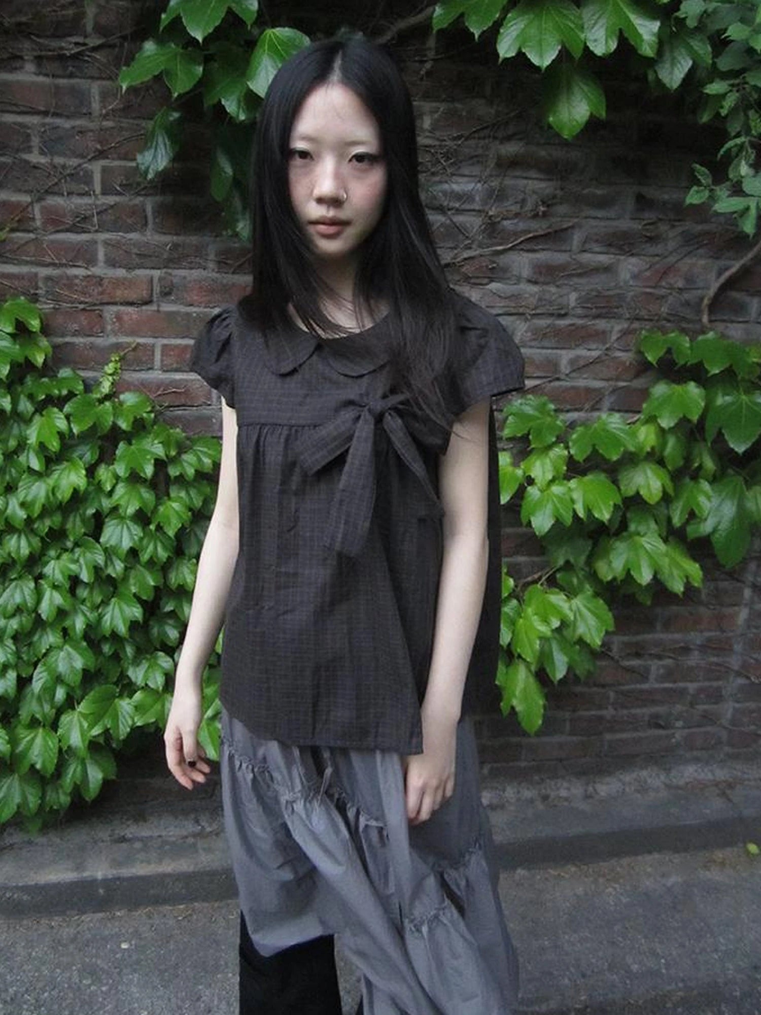 Korean Retro Brown Check Bow Tie Short Sleeve Shirt