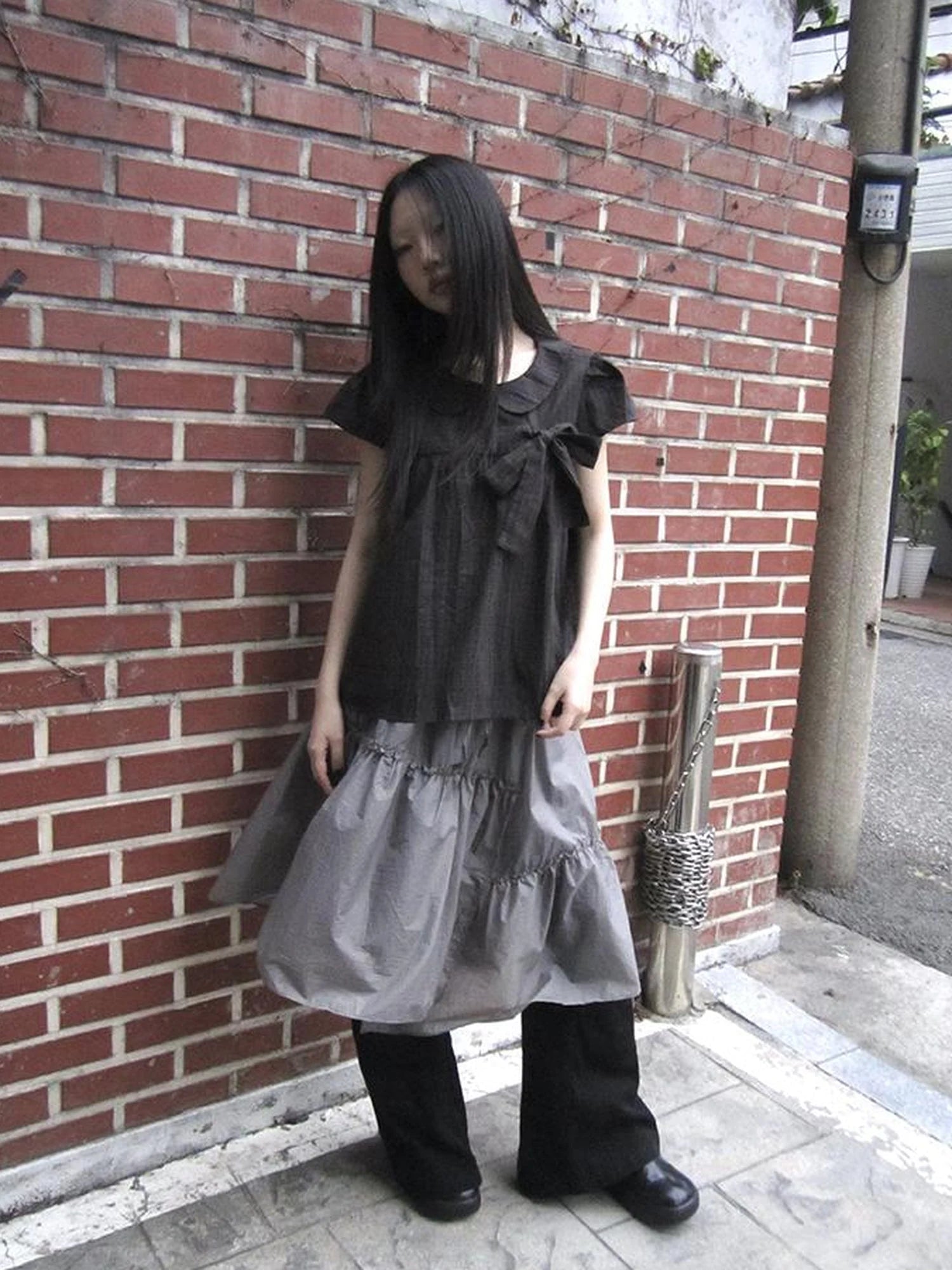 Korean Retro Brown Check Bow Tie Short Sleeve Shirt