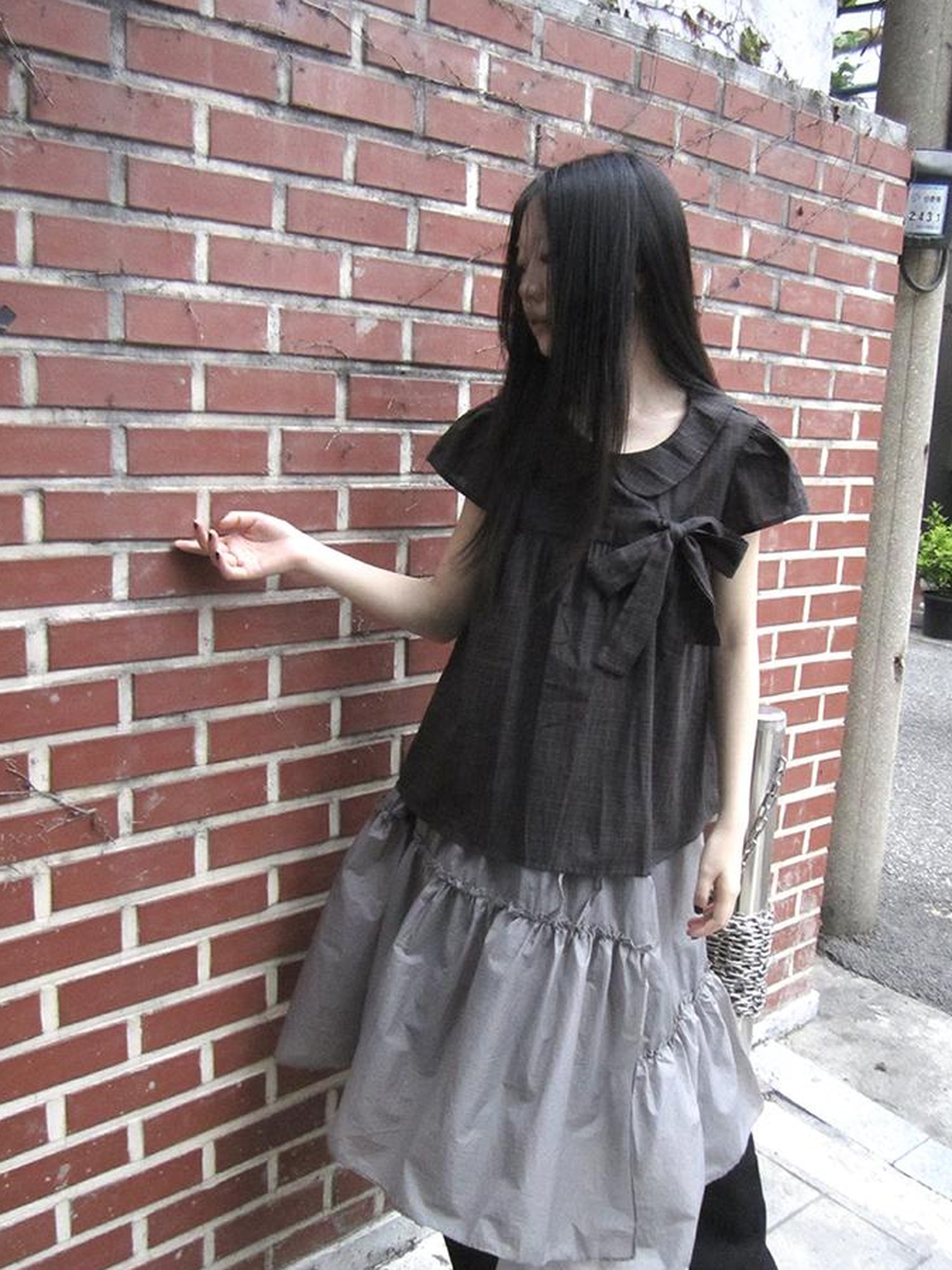 ang project Korean Retro Brown Check Bow Tie Short Sleeve Shirt