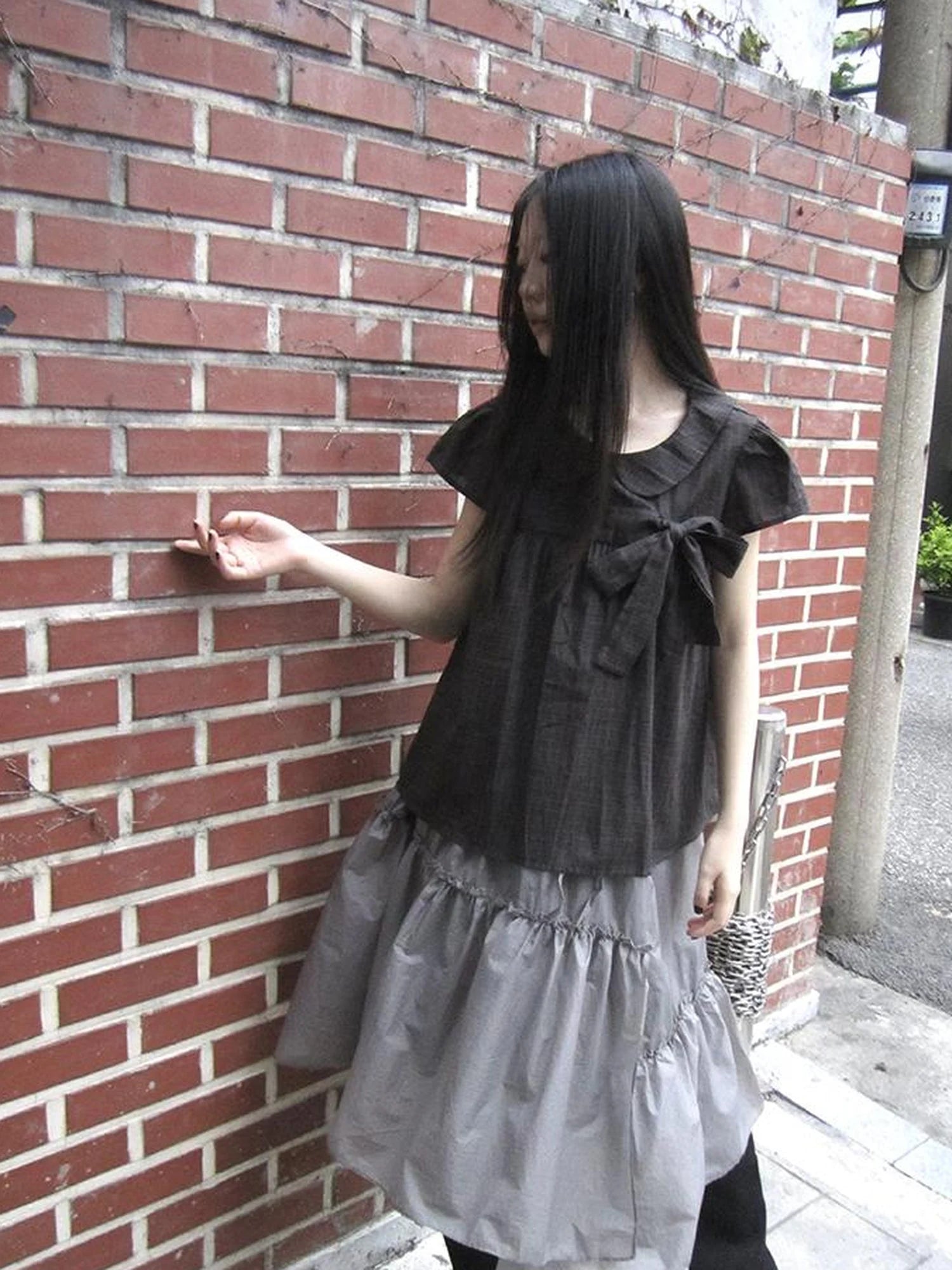 Korean Retro Brown Check Bow Tie Short Sleeve Shirt