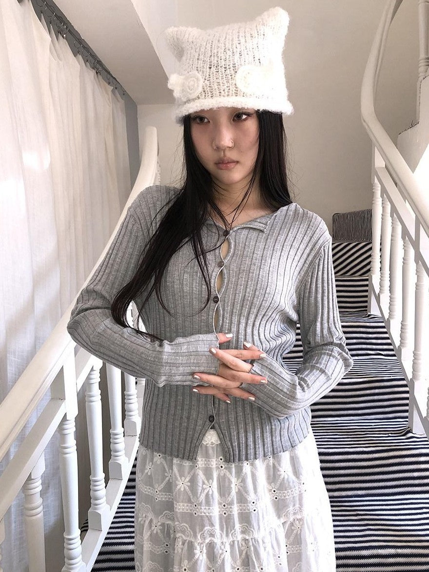 ang project Korean Ribbed V-neck Single Row Button Slim Fit Women&