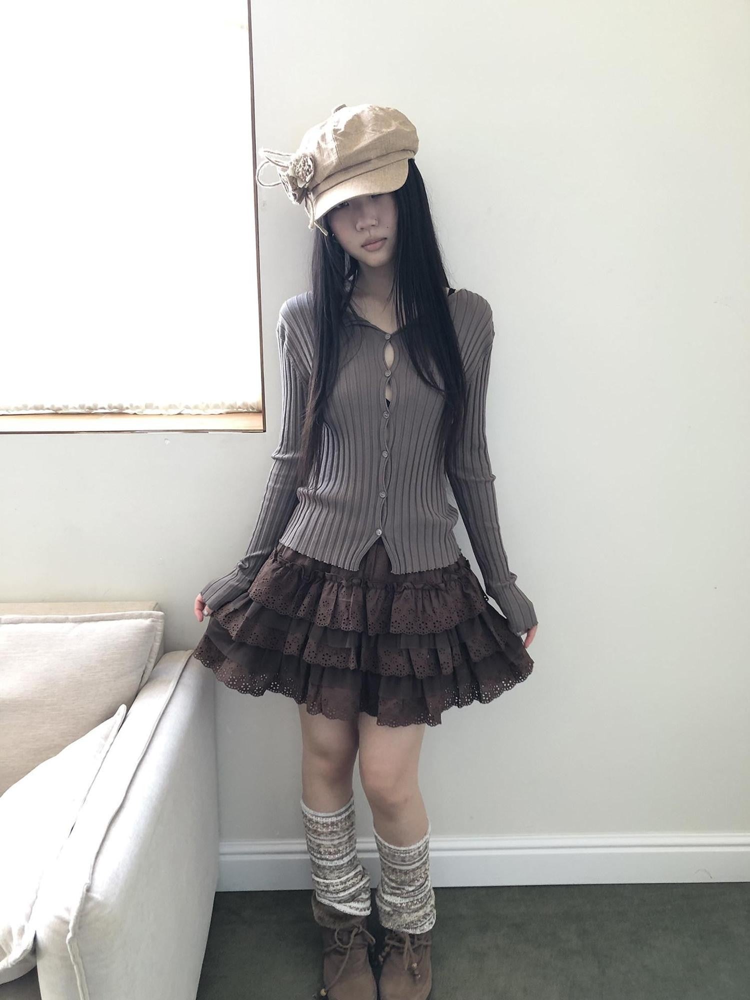 ang project Korean Ribbed V-neck Single Row Button Slim Fit Women&