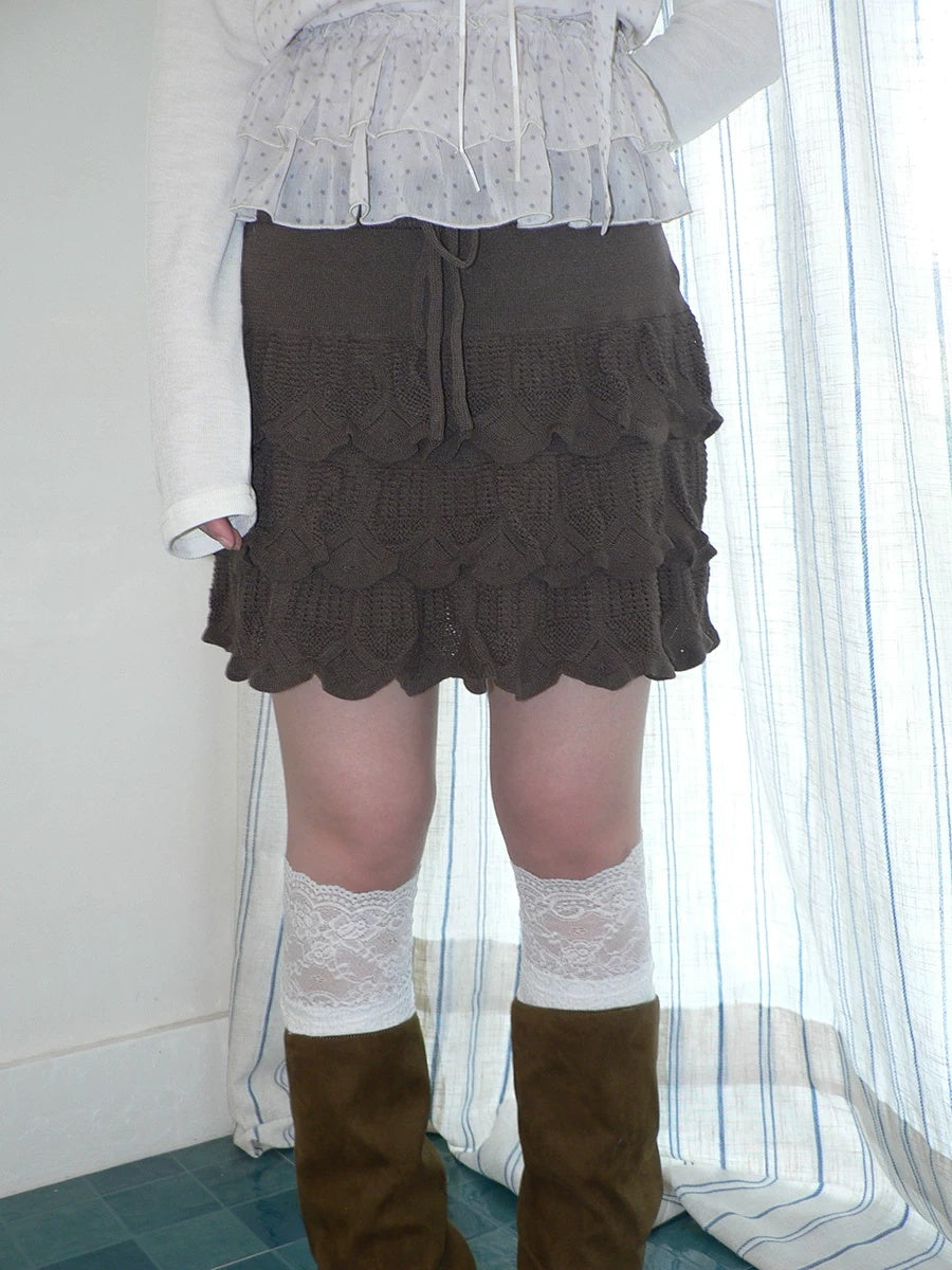 ang project Korean Ruffle Tiered Pleated Knit Natural Waist Casual Girls Women Mini Skirt