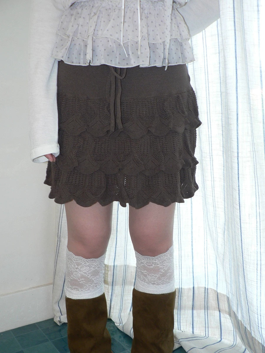 ang project Korean Ruffle Tiered Pleated Knit Natural Waist Casual Girls Women Mini Skirt