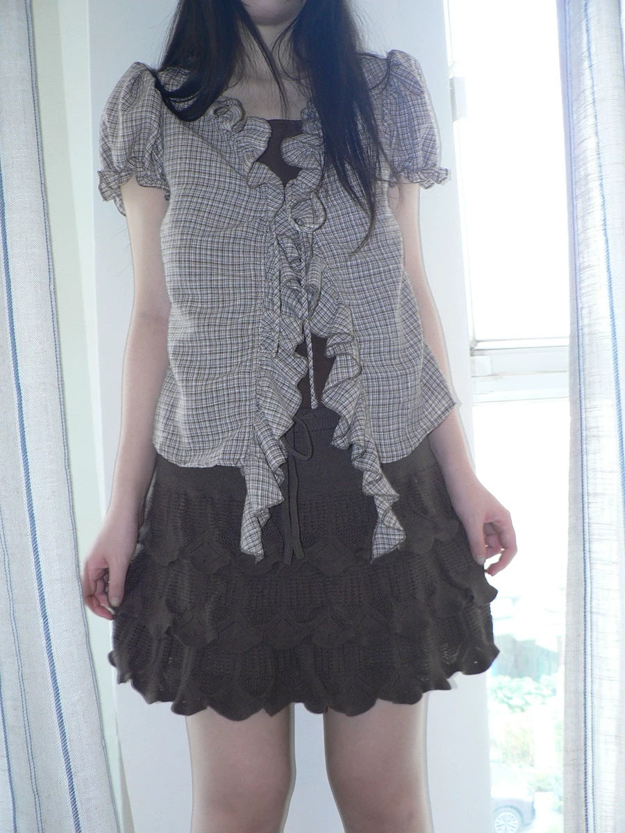 ang project Korean Ruffle Tiered Pleated Knit Natural Waist Casual Girls Women Mini Skirt