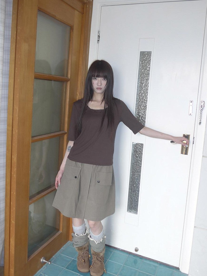 ang project Korean Ruffle U Neck Slim Stretch Half Sleeve Solid Women&
