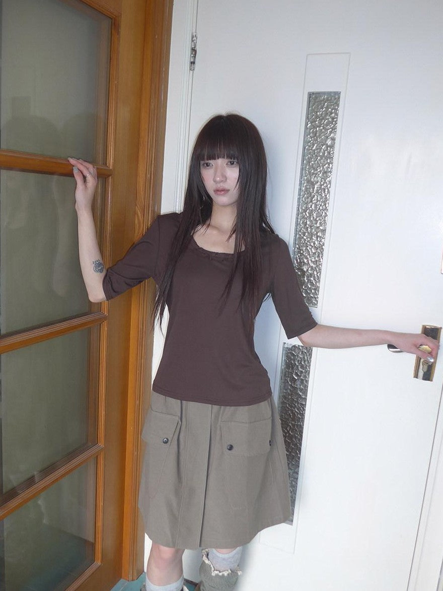 ang project Korean Ruffle U Neck Slim Stretch Half Sleeve Solid Women&