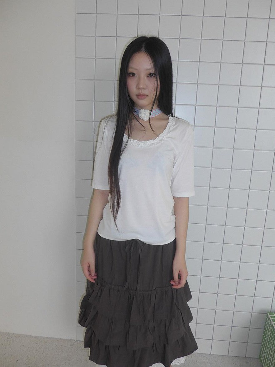 ang project Korean Ruffle U Neck Slim Stretch Half Sleeve Solid Women&
