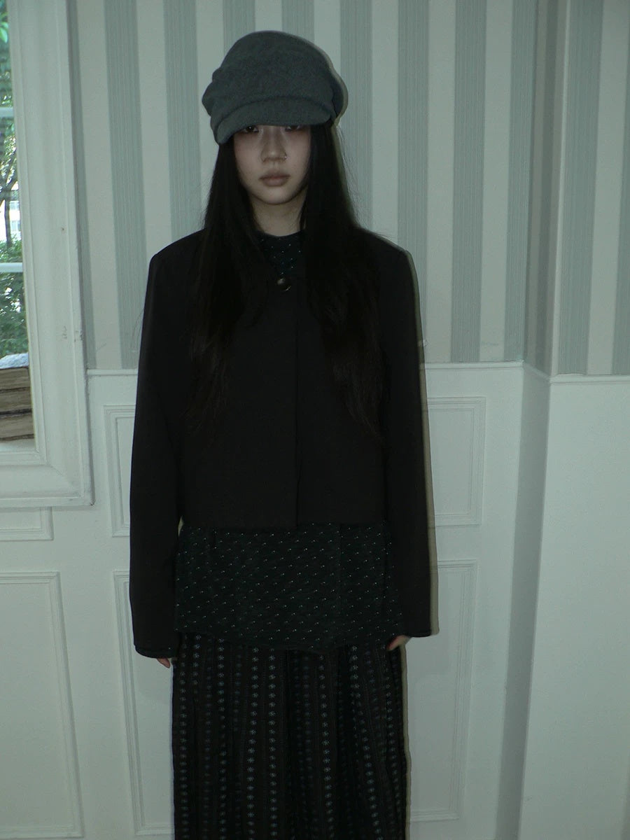 ang project Korean Straight Button Short Lapel Long Sleeve Women Solid Black Jacket