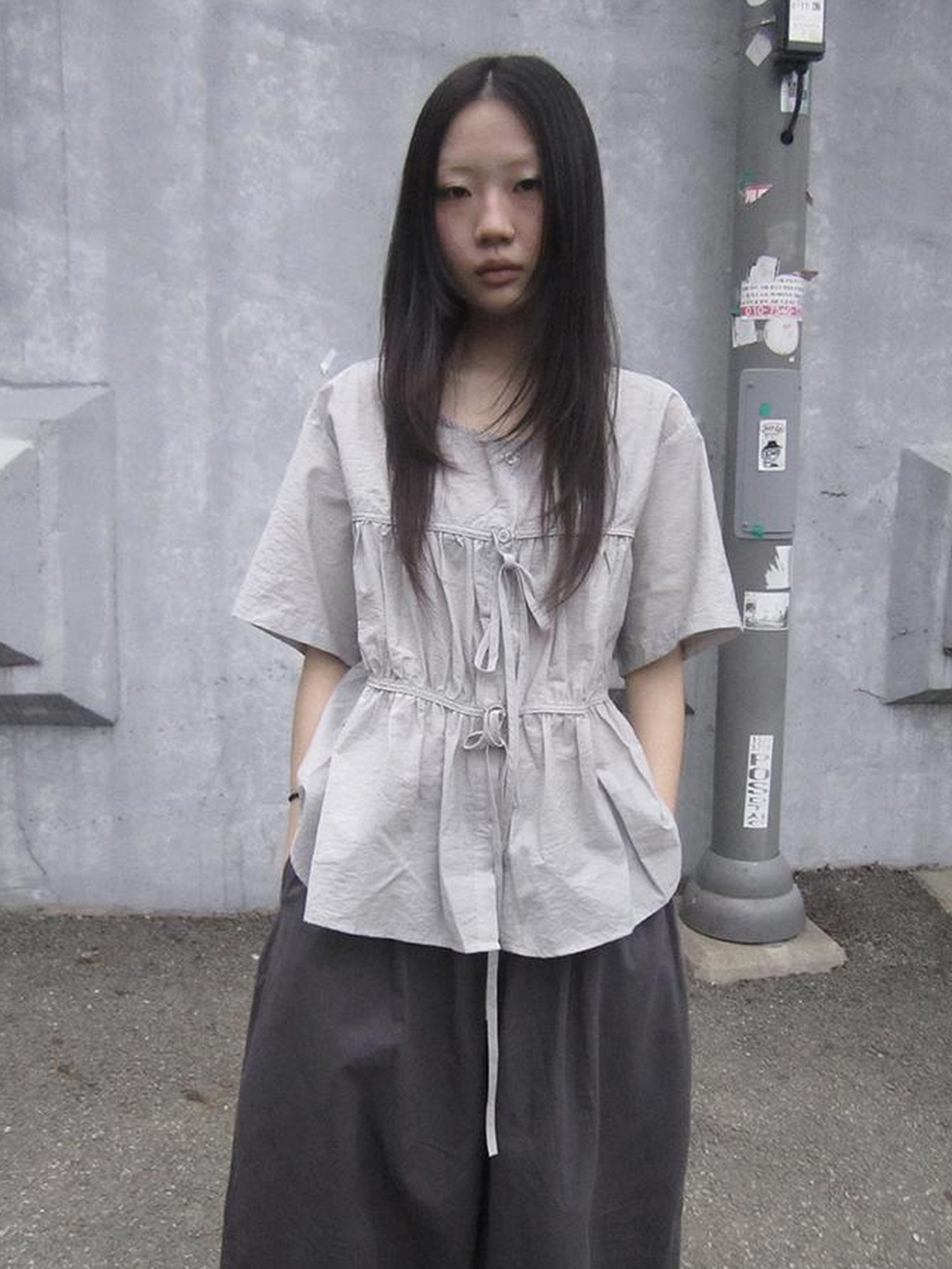 ang project Korean Style Lightweight Tied Waist Pleated Single Row Button Short Sleeve Top