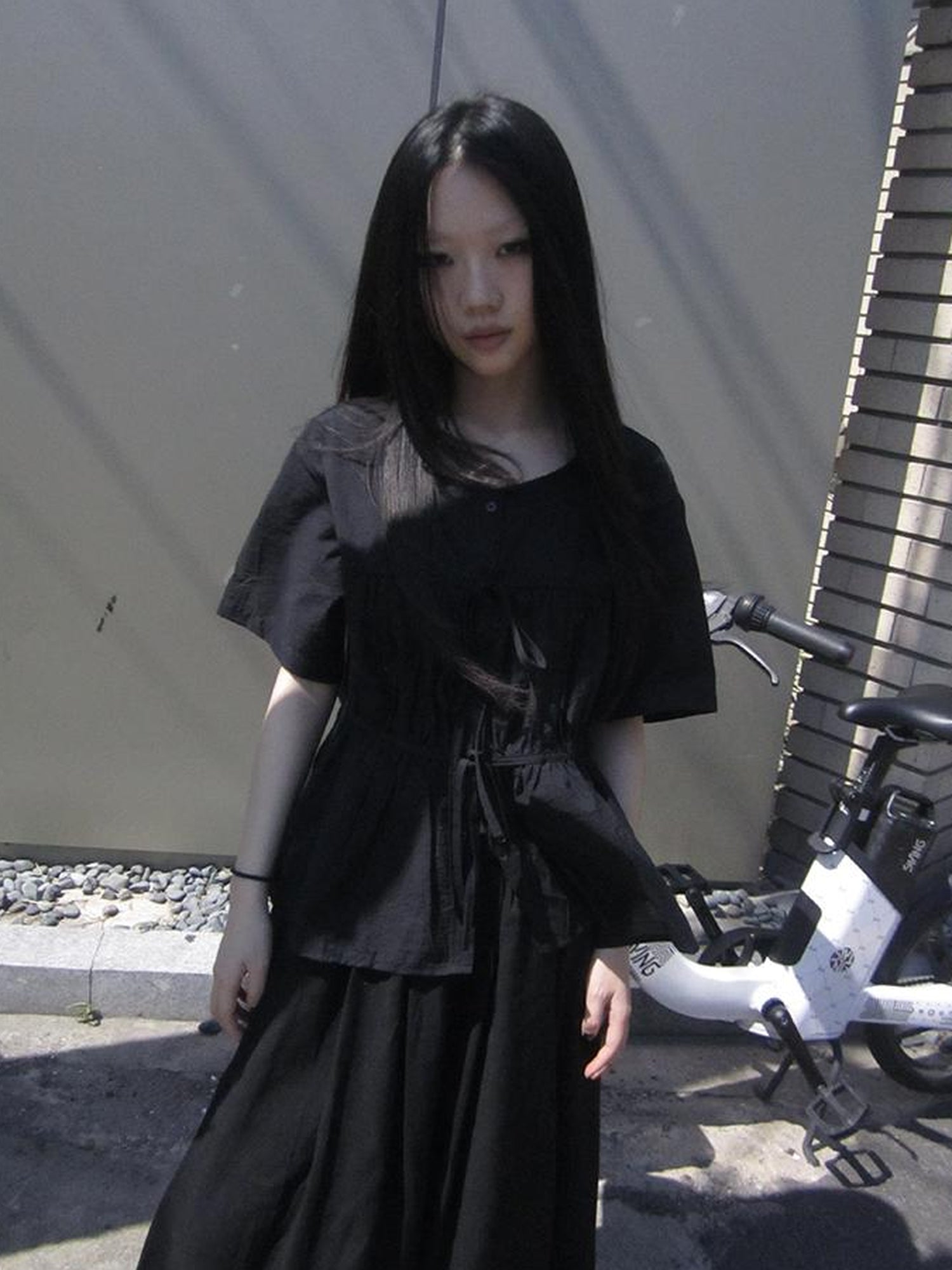 ang project Korean Style Lightweight Tied Waist Pleated Single Row Button Short Sleeve Top