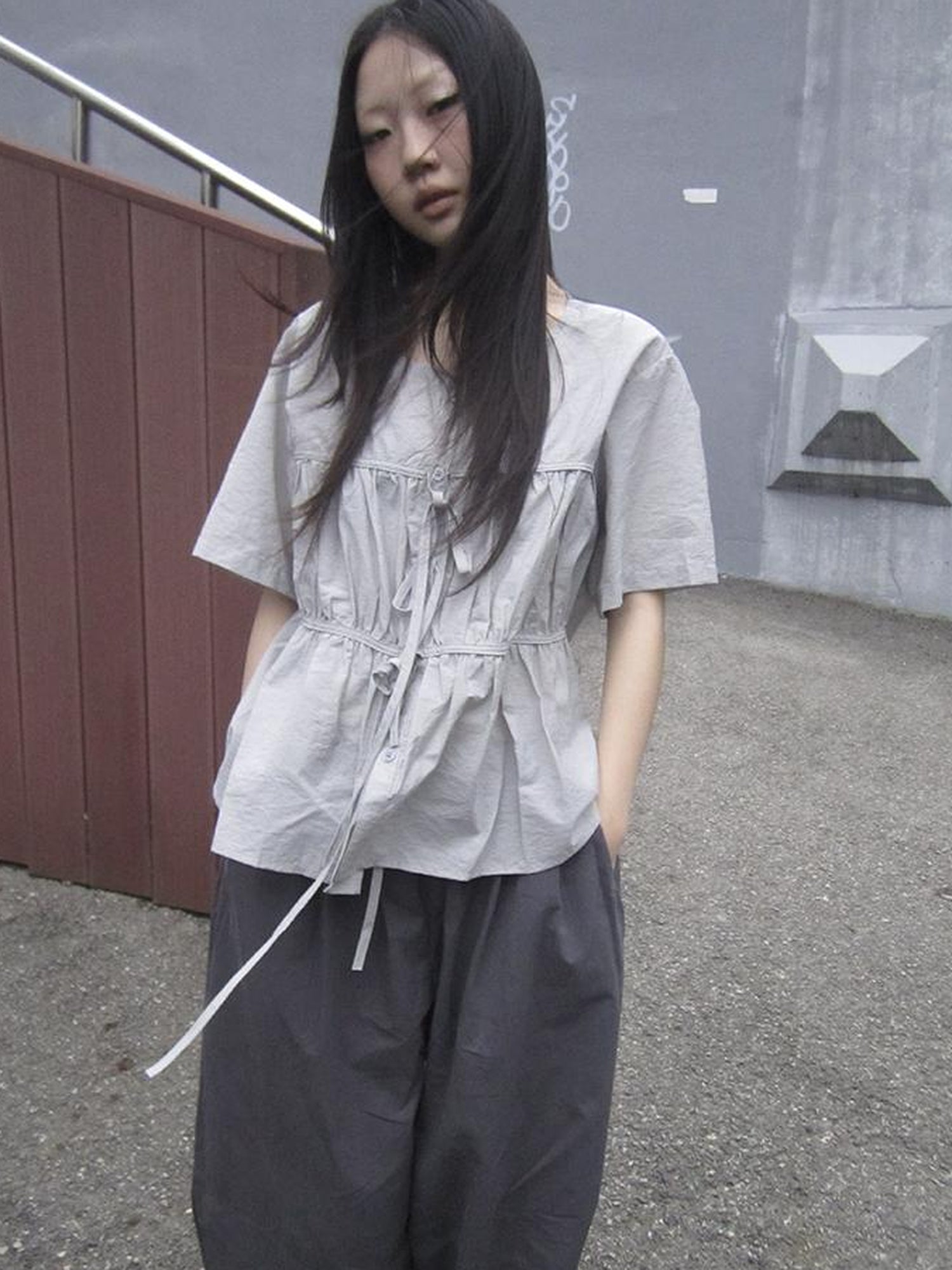 ang project Korean Style Lightweight Tied Waist Pleated Single Row Button Short Sleeve Top