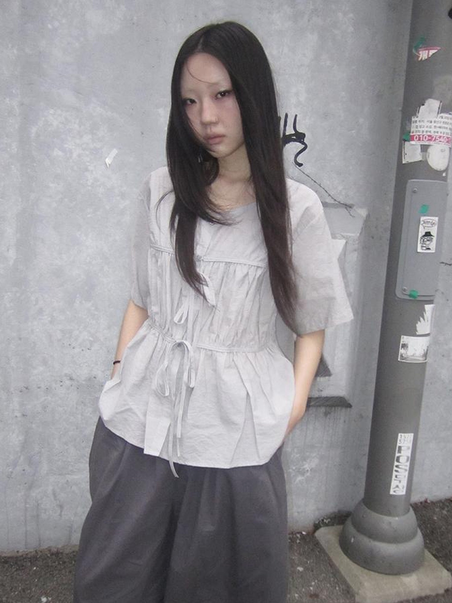 ang project Korean Style Lightweight Tied Waist Pleated Single Row Button Short Sleeve Top
