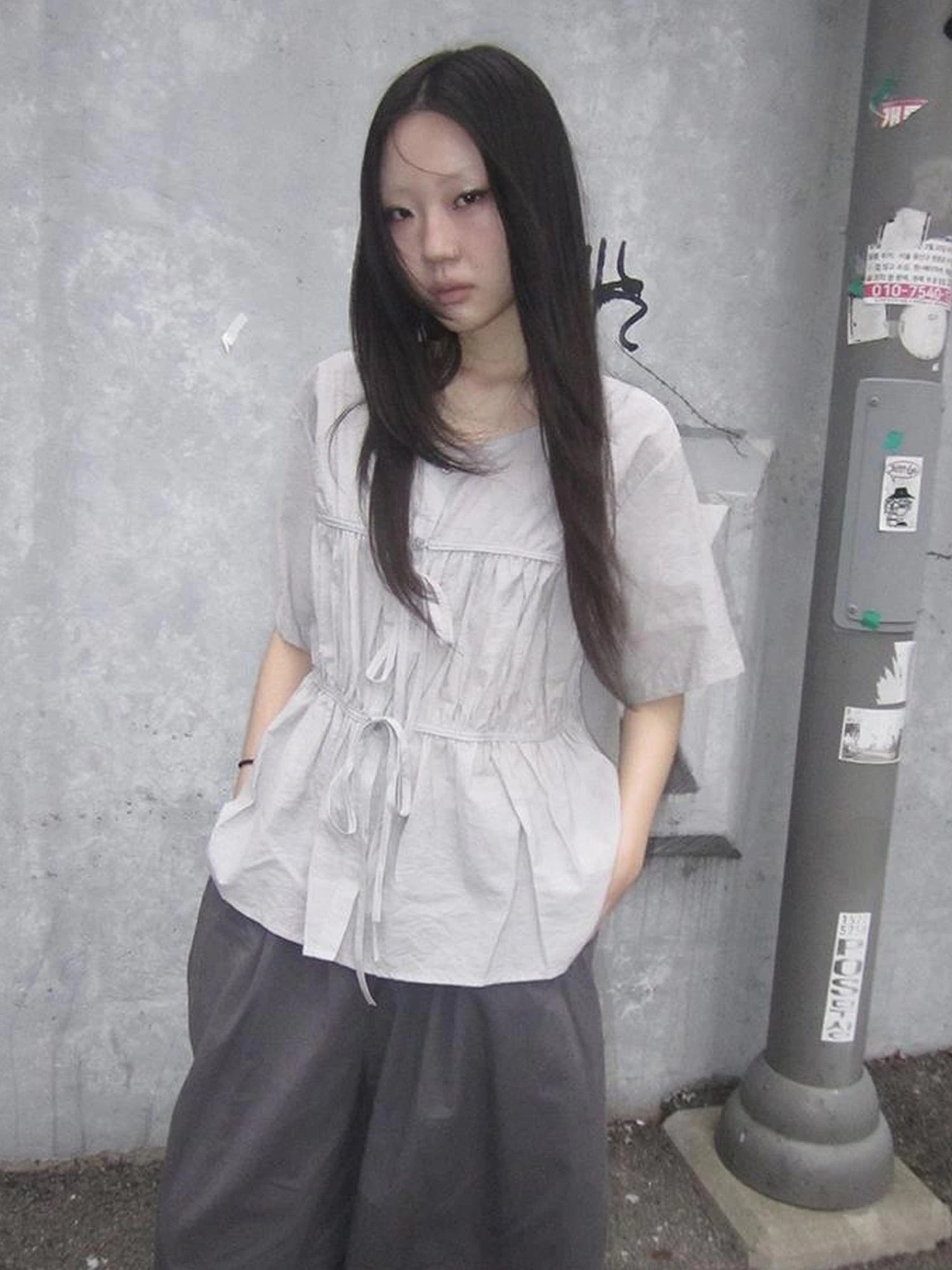 Korean Style Lightweight Tied Waist Pleated Single Row Button Short Sleeve Top