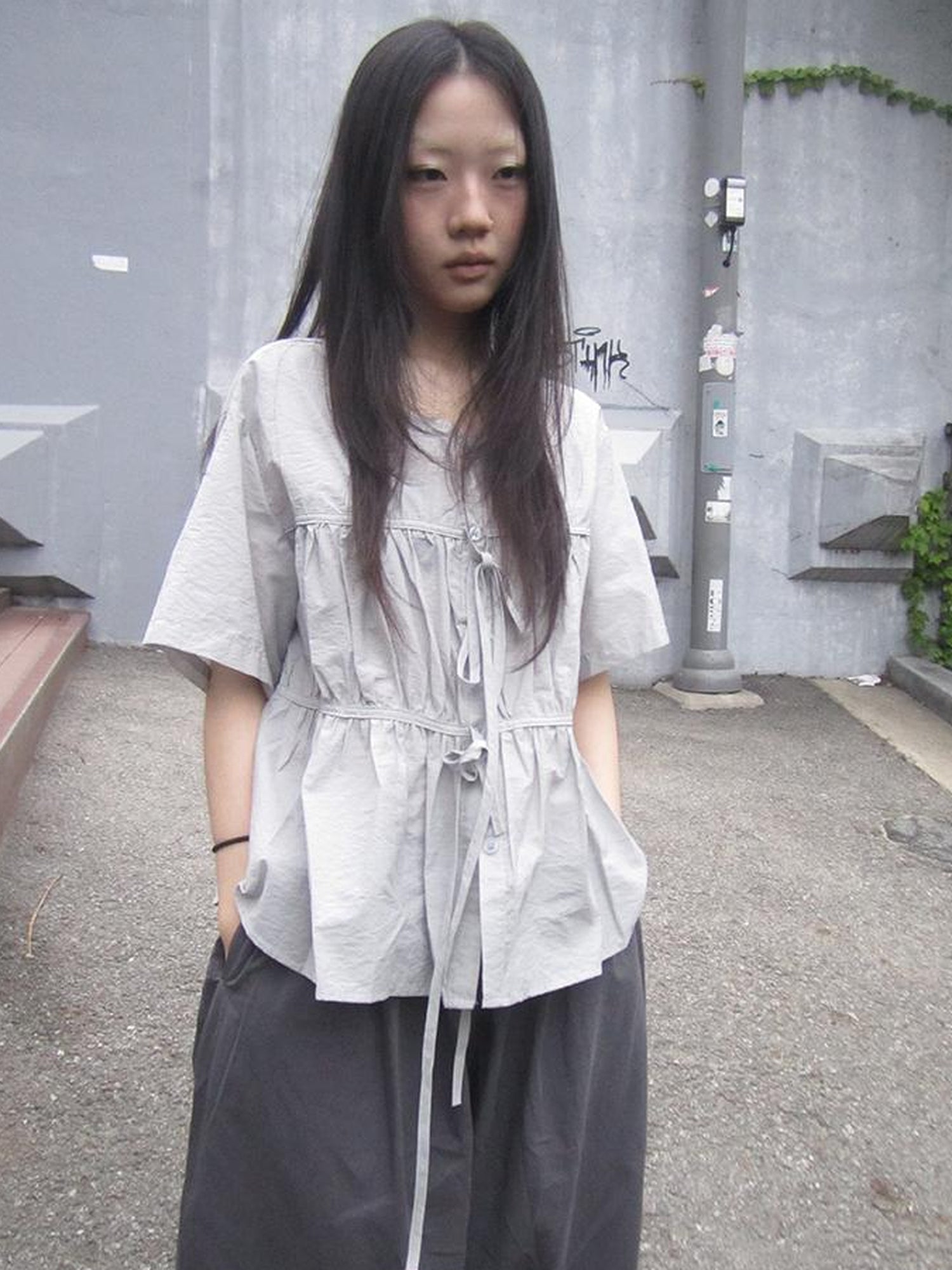 ang project Korean Style Lightweight Tied Waist Pleated Single Row Button Short Sleeve Top