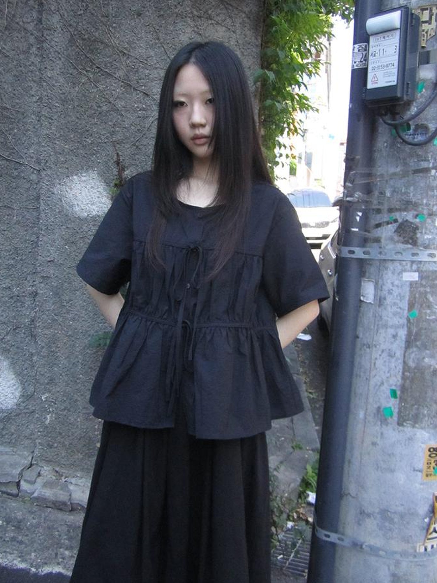 ang project Korean Style Lightweight Tied Waist Pleated Single Row Button Short Sleeve Top