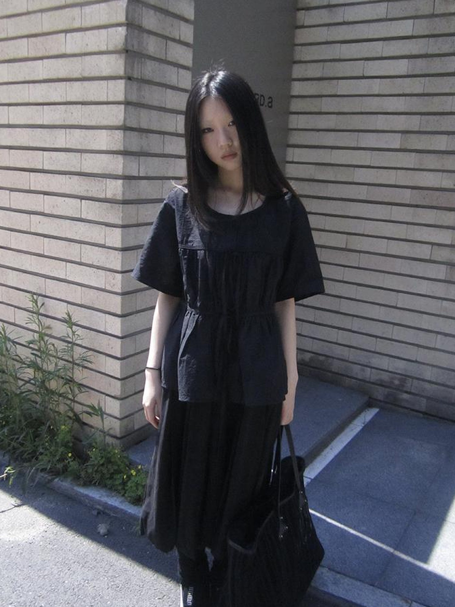 ang project Korean Style Lightweight Tied Waist Pleated Single Row Button Short Sleeve Top