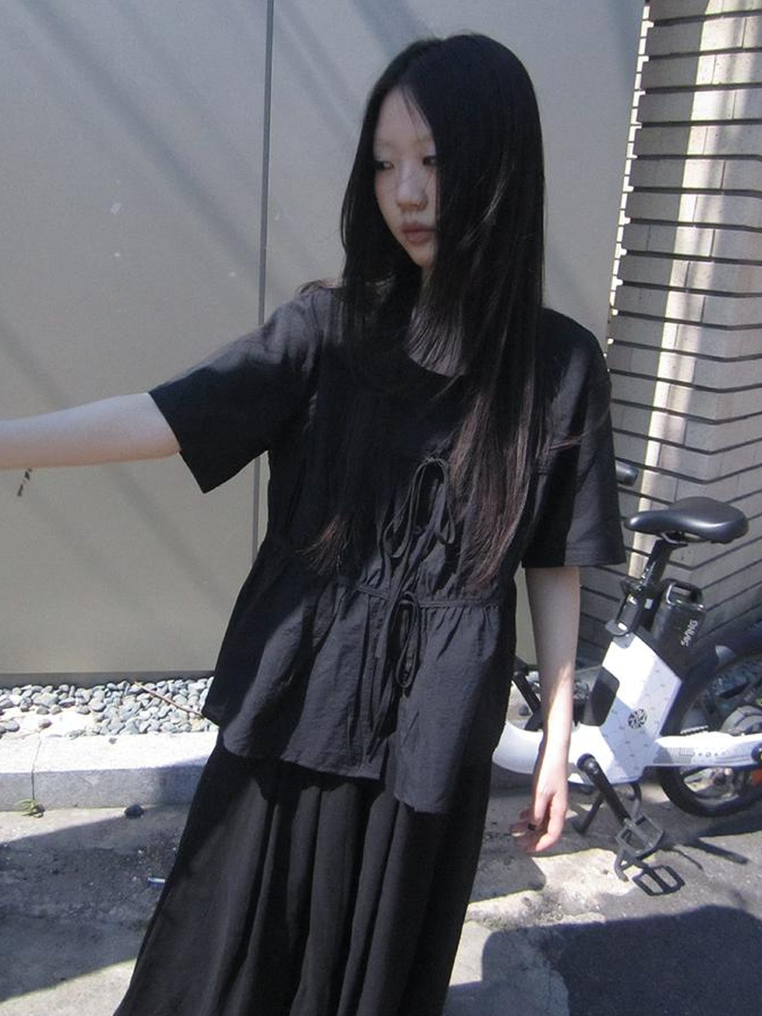 ang project Korean Style Lightweight Tied Waist Pleated Single Row Button Short Sleeve Top
