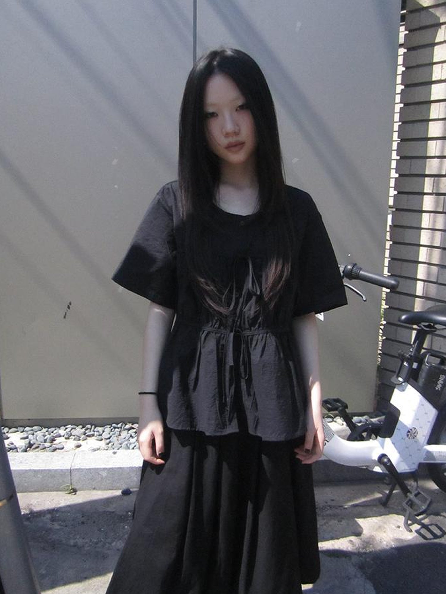 ang project Korean Style Lightweight Tied Waist Pleated Single Row Button Short Sleeve Top