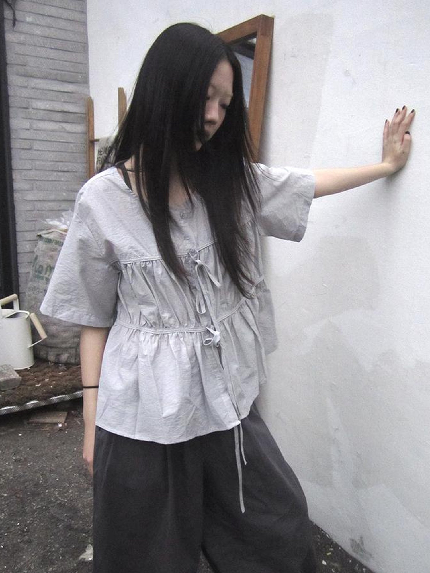 ang project Korean Style Lightweight Tied Waist Pleated Single Row Button Short Sleeve Top