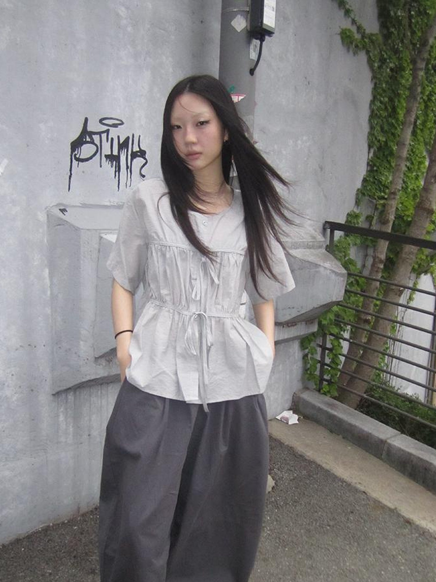 ang project Korean Style Lightweight Tied Waist Pleated Single Row Button Short Sleeve Top