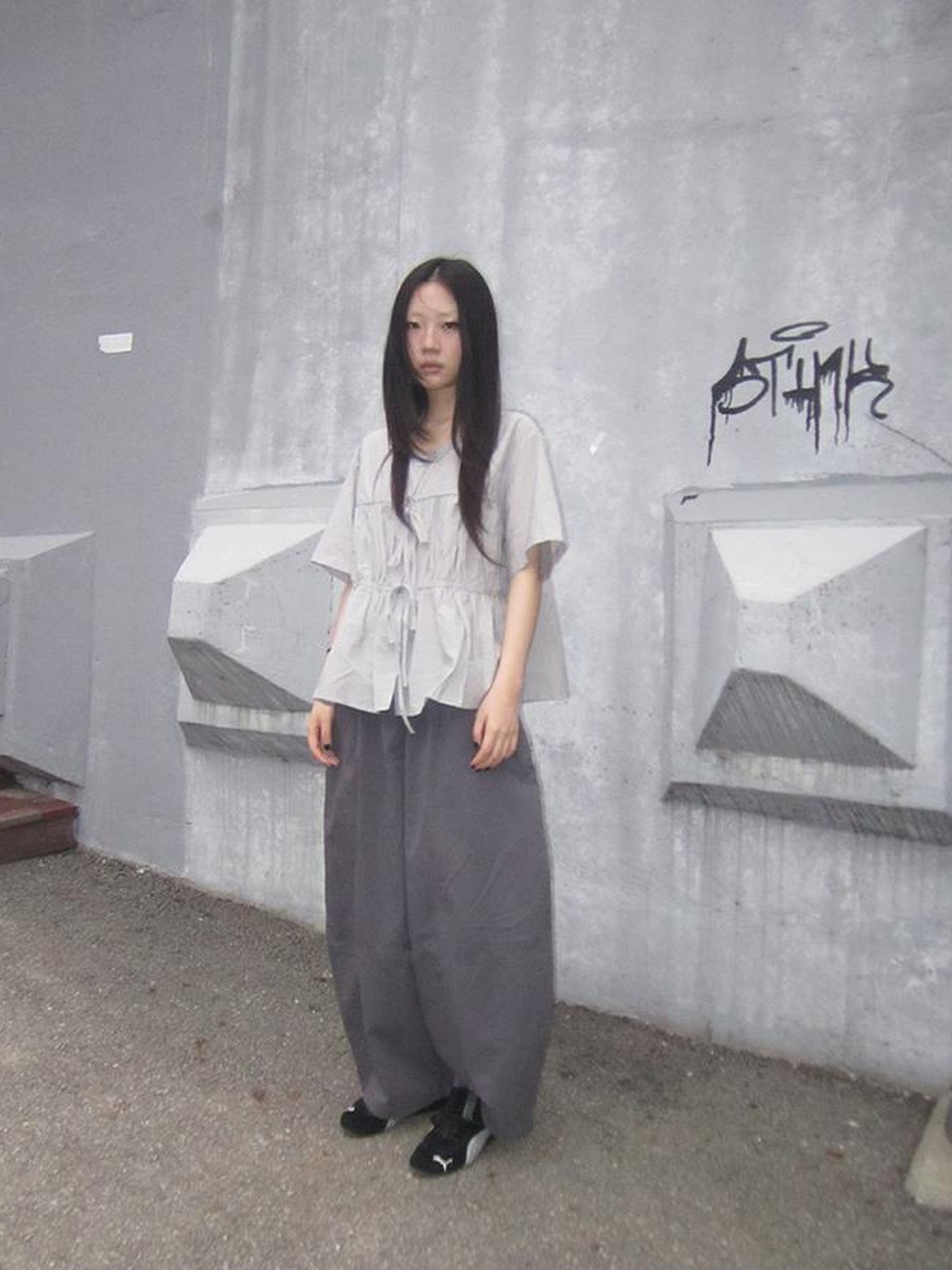 ang project Korean Style Lightweight Tied Waist Pleated Single Row Button Short Sleeve Top
