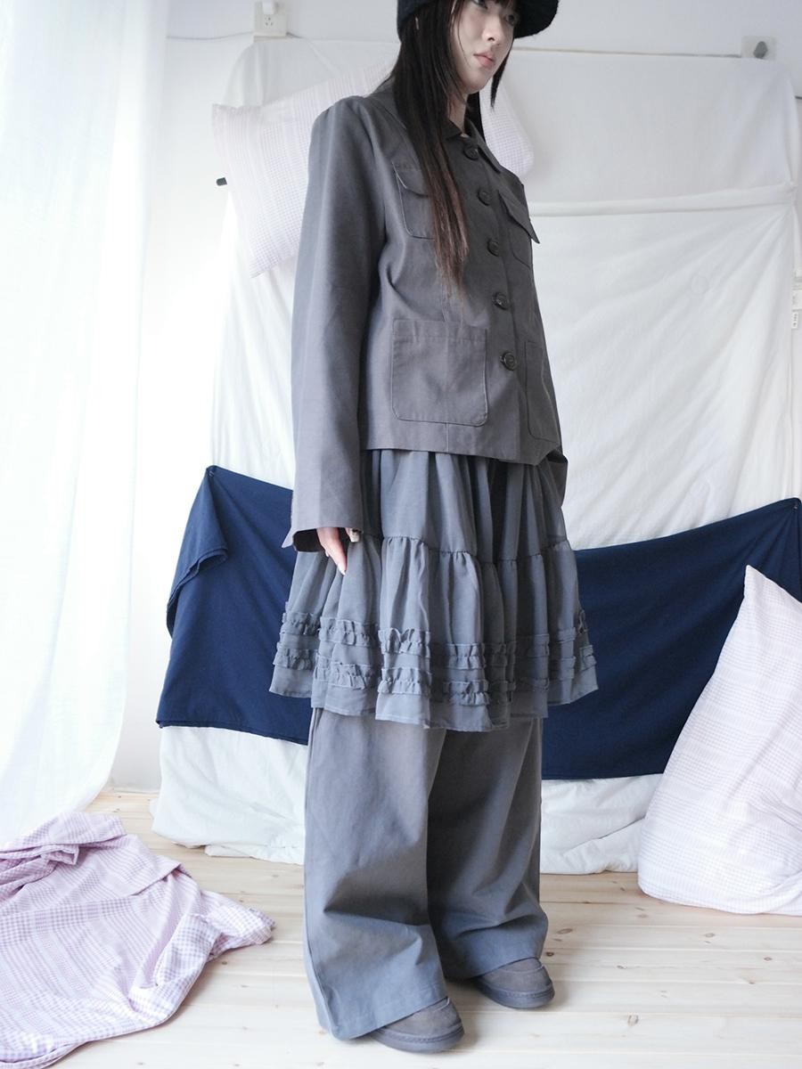 ang project Korean Style Ruffled Layered Look Straight Leg Elastic Waist Women&