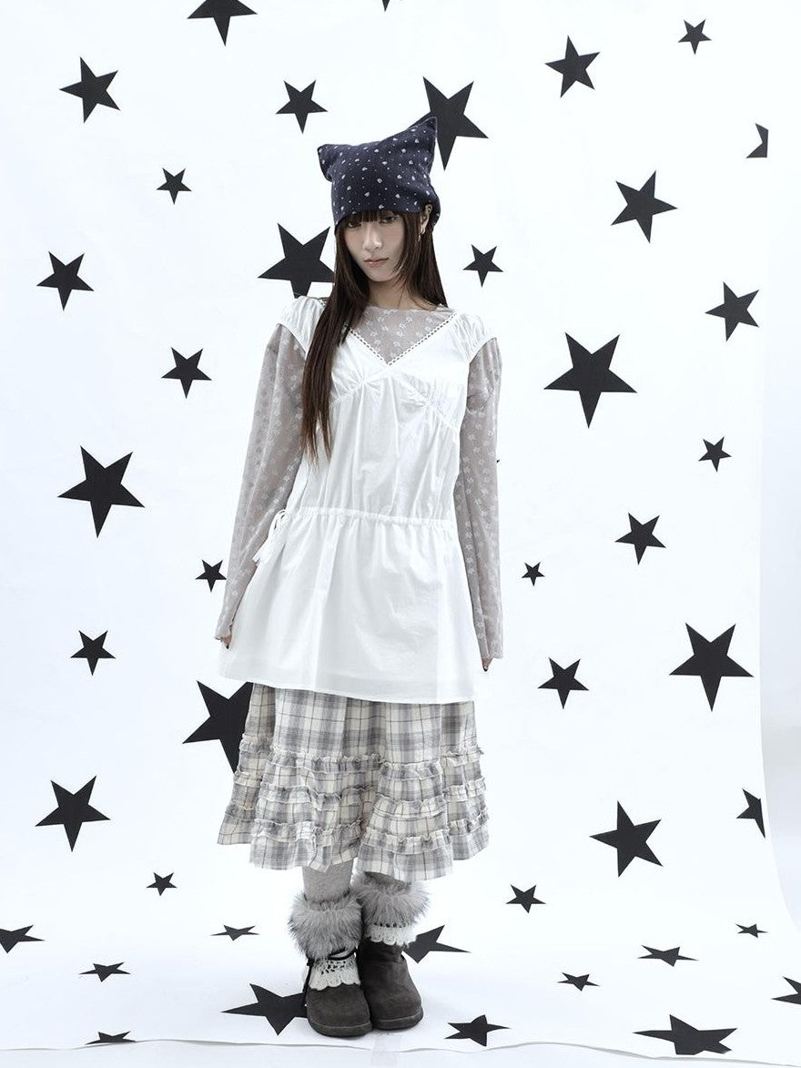 ang project Korean V-neck Lace Up Waist Cinching Ruffle Spliced Sleeveless Women&