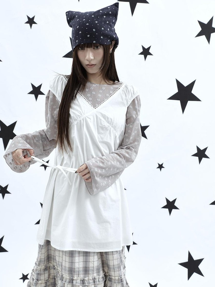 ang project Korean V-neck Lace Up Waist Cinching Ruffle Spliced Sleeveless Women&