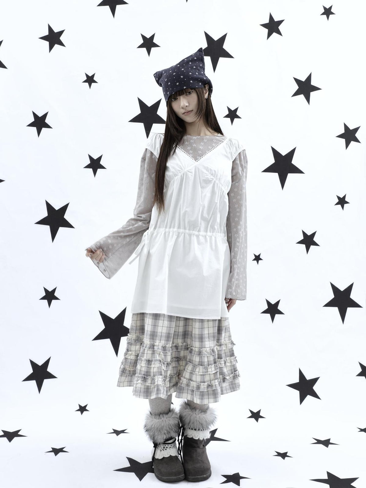 ang project Korean V-neck Lace Up Waist Cinching Ruffle Spliced Sleeveless Women&