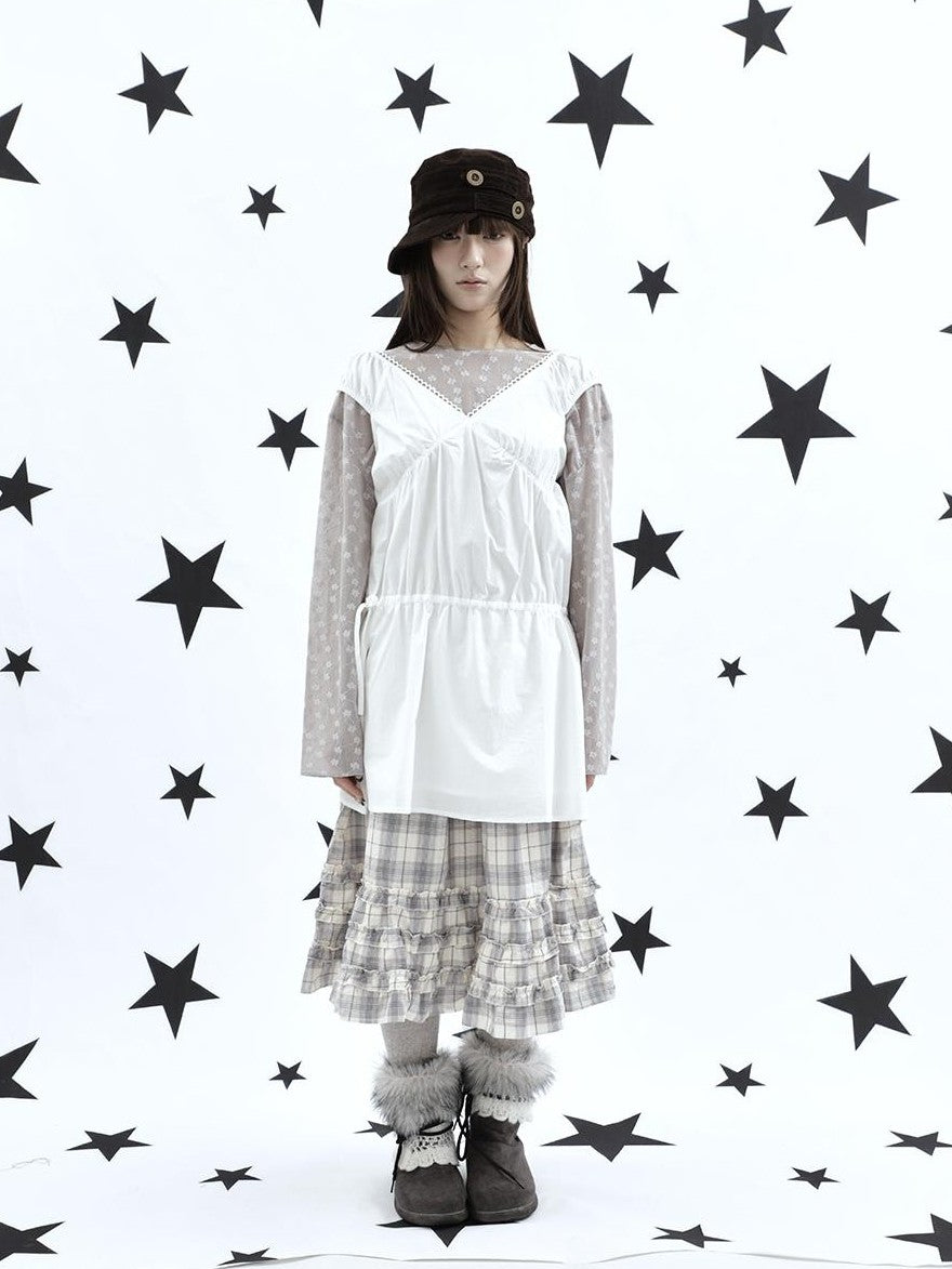 ang project Korean V-neck Lace Up Waist Cinching Ruffle Spliced Sleeveless Women&