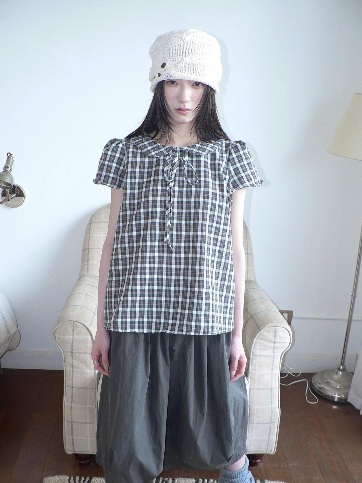 ang project Korean Vintage Brown Plaid Doll Collar Tie Puff Sleeve Women&