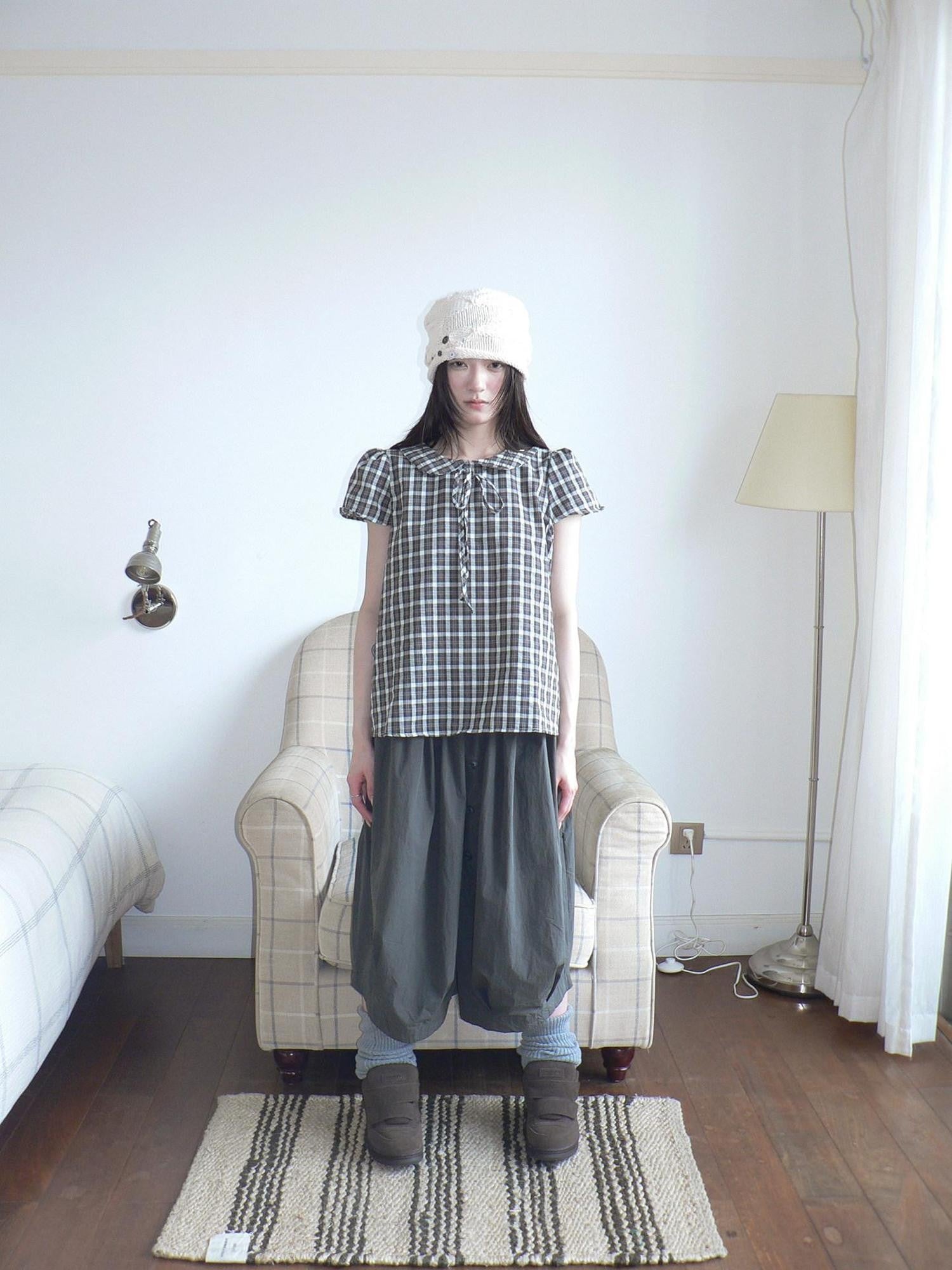 ang project Korean Vintage Brown Plaid Doll Collar Tie Puff Sleeve Women&