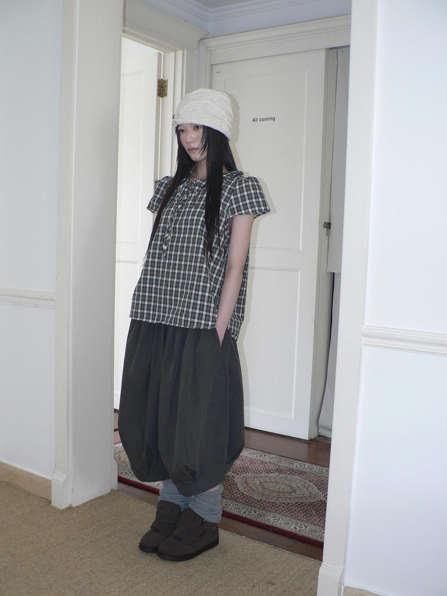 ang project Korean Vintage Brown Plaid Doll Collar Tie Puff Sleeve Women&