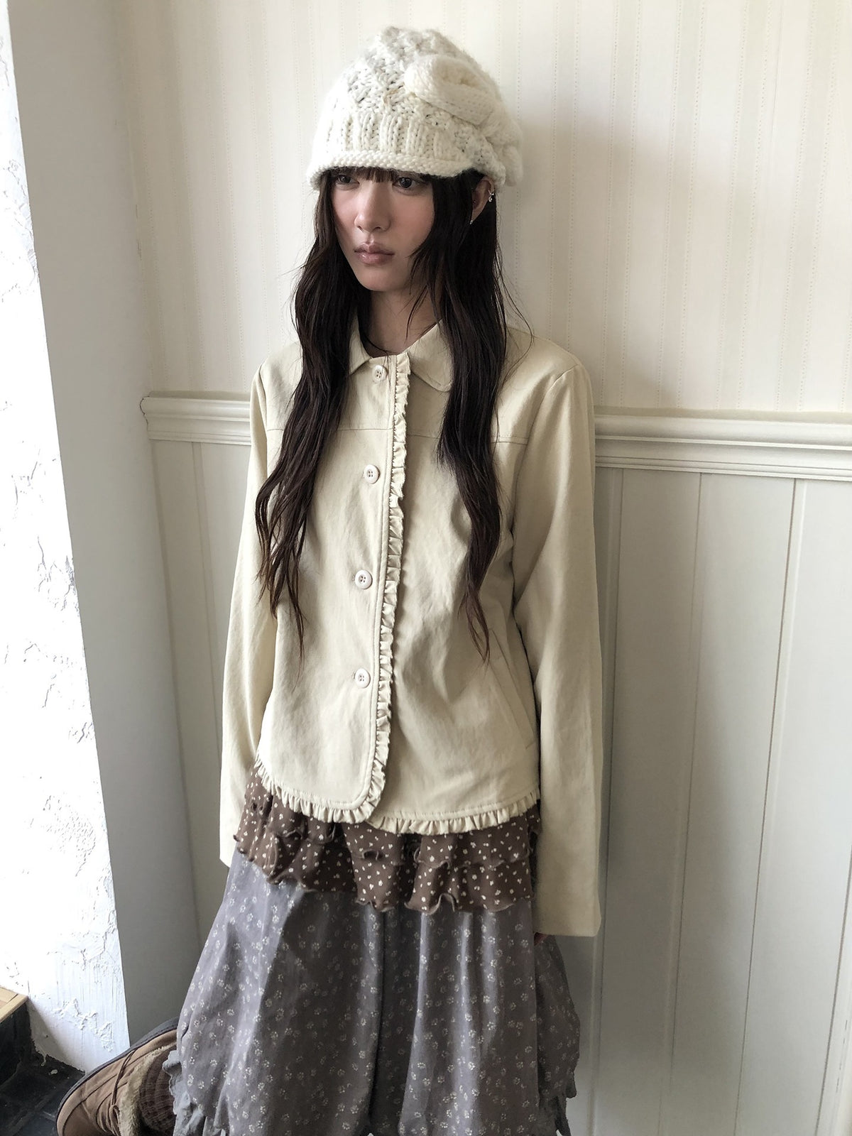 ang_project_Korean_Vintage_Ruffle_Trim_Button_Front_Polyester_Women&