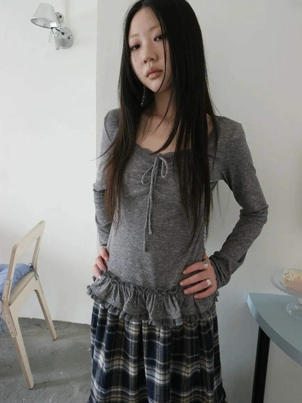 ang project Lace Bow Tie Ruffle Sleeve Tee T-shirt