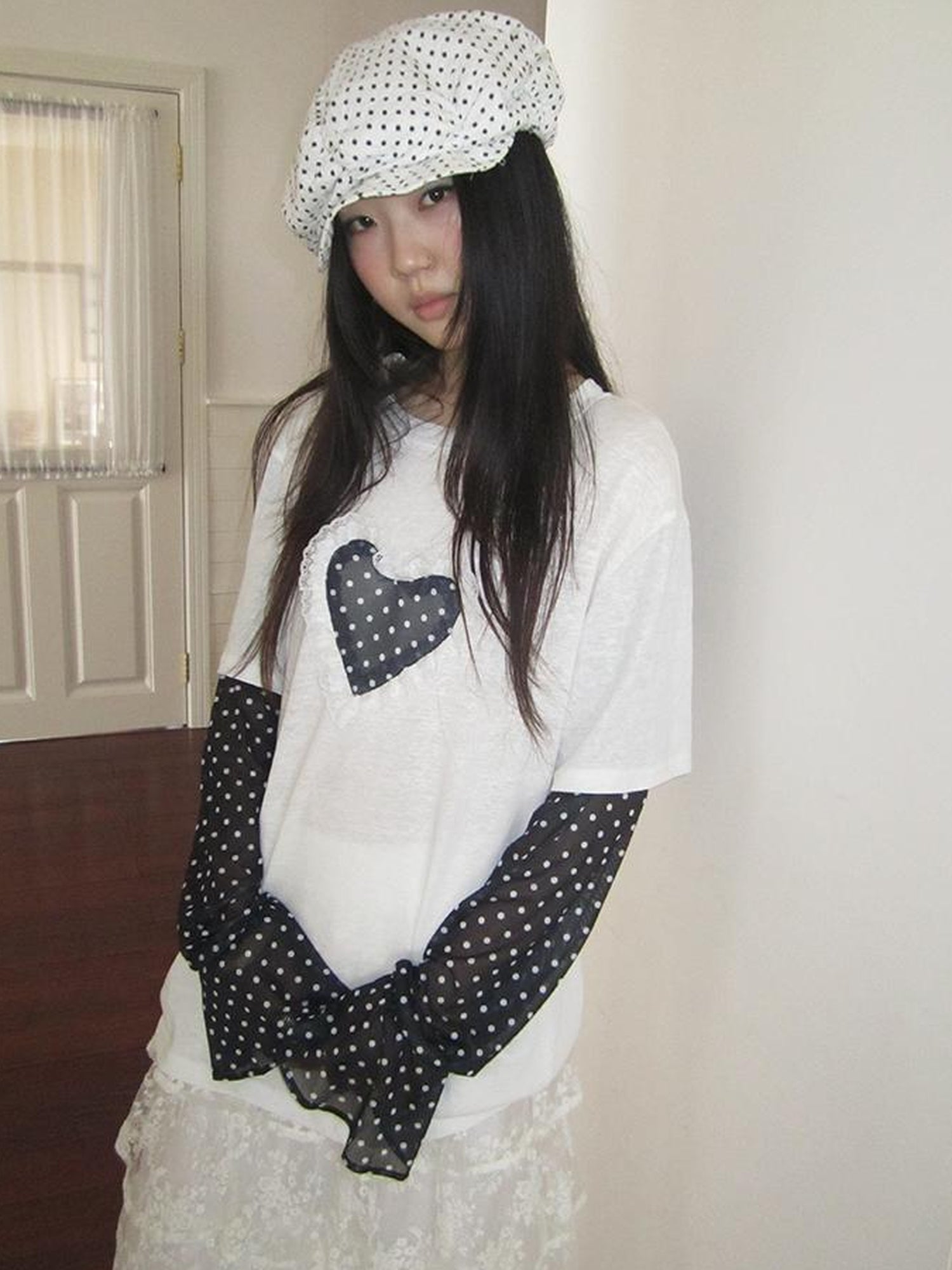 Updateang project Lace Dot Mesh Layered Loose Fit Long Sleeve Tee