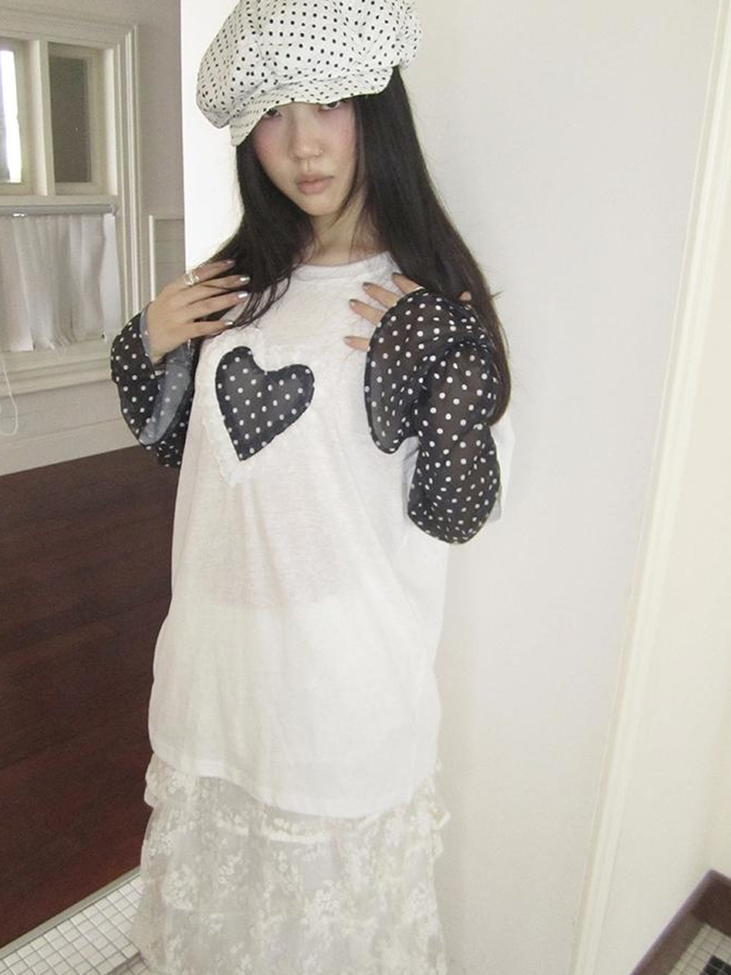Updateang project Lace Dot Mesh Layered Loose Fit Long Sleeve Tee